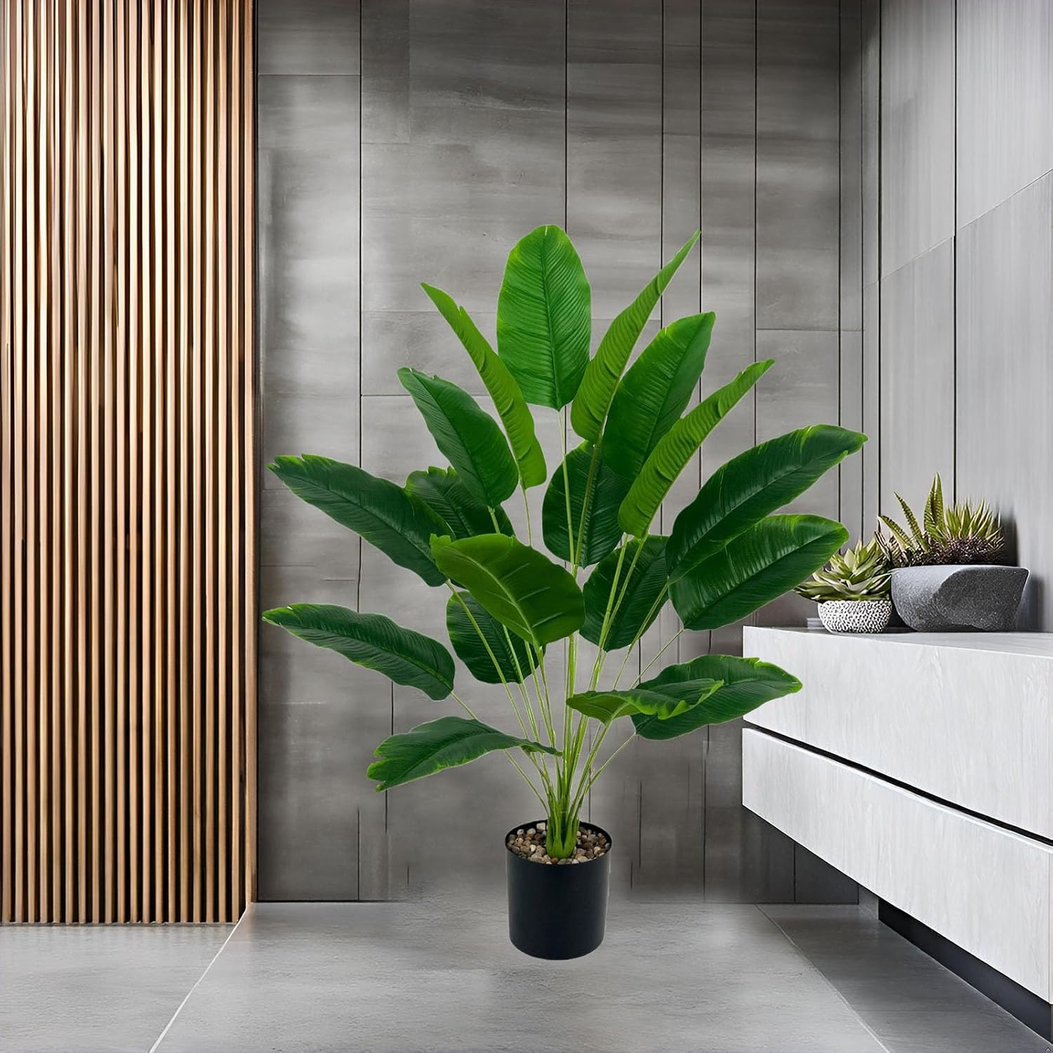 Artificial Bird of Paradise Plant 28“, 18 Trunks, Faux Palm Tree in Pot for Indo
