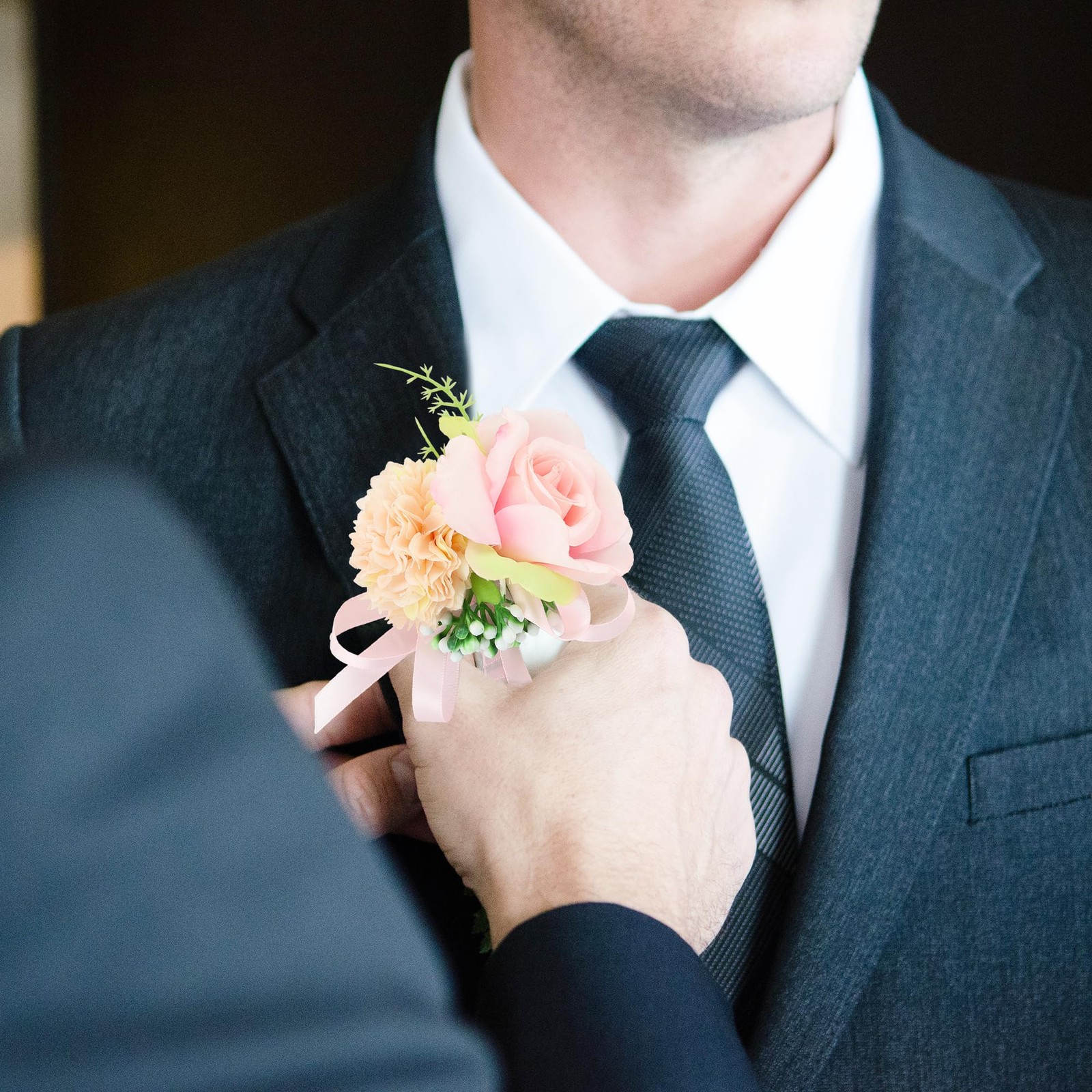 2 PCS Pink Wrist Corsage Boutonniere Set Prom Wedding Flowers Accessories