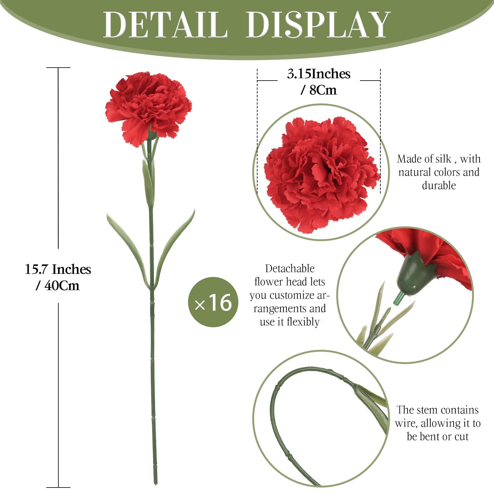 Red Carnations Artificial Flowers 16PCS 15.75″ Fake Carnations Silk Flowers f…