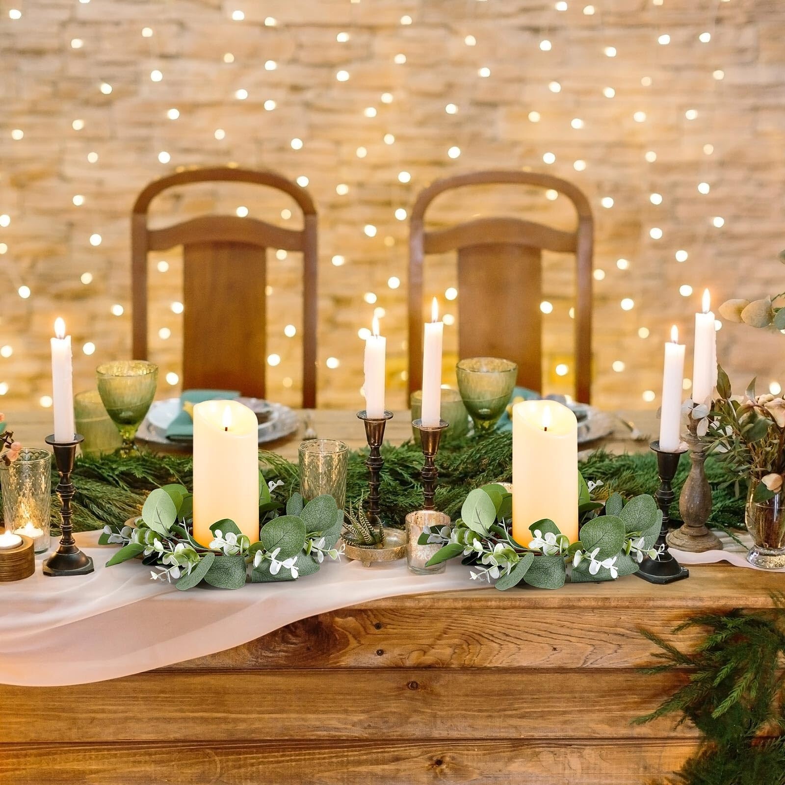 VIHOSE 20 Pcs Candle Rings Artificial Eucalyptus Leaves Wreaths with Flameles…