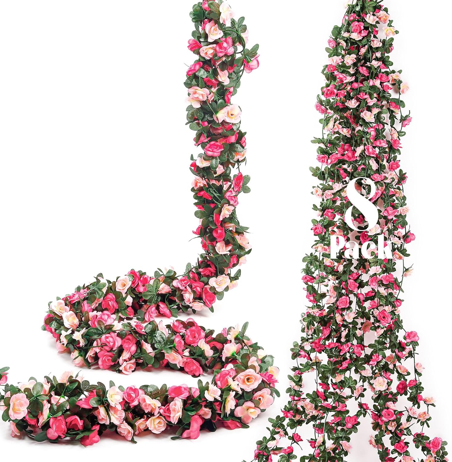 8Pcs 66FT Pink Flower Garland, Artificial Rose Floral Vines Fake Hanging Spring