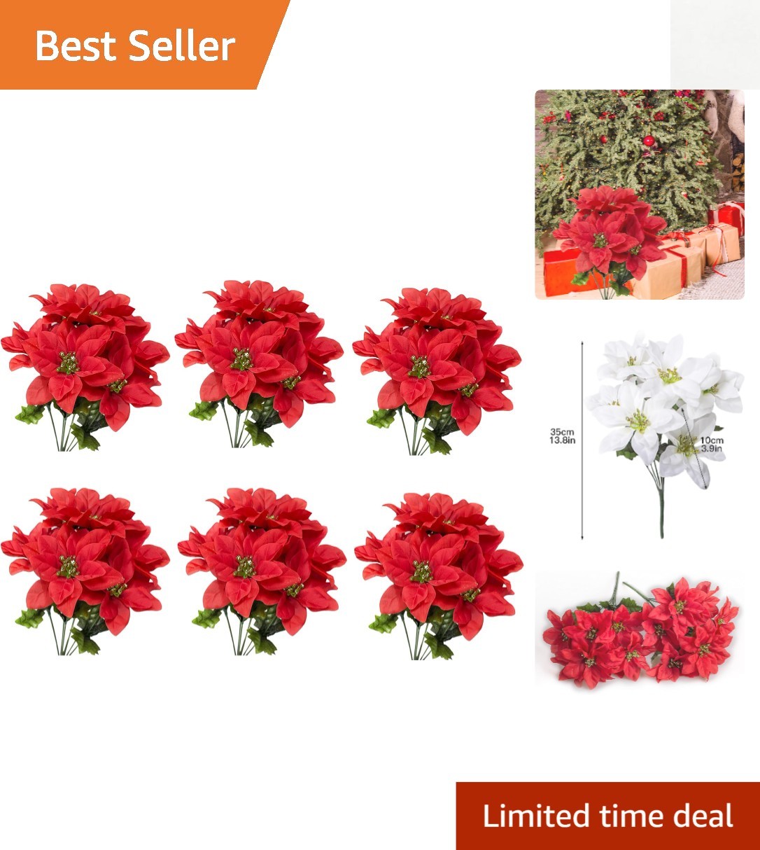 Vibrant 6 Pack Artificial Poinsettia Bushes, 13.8 Inch Faux Floral for Holidays