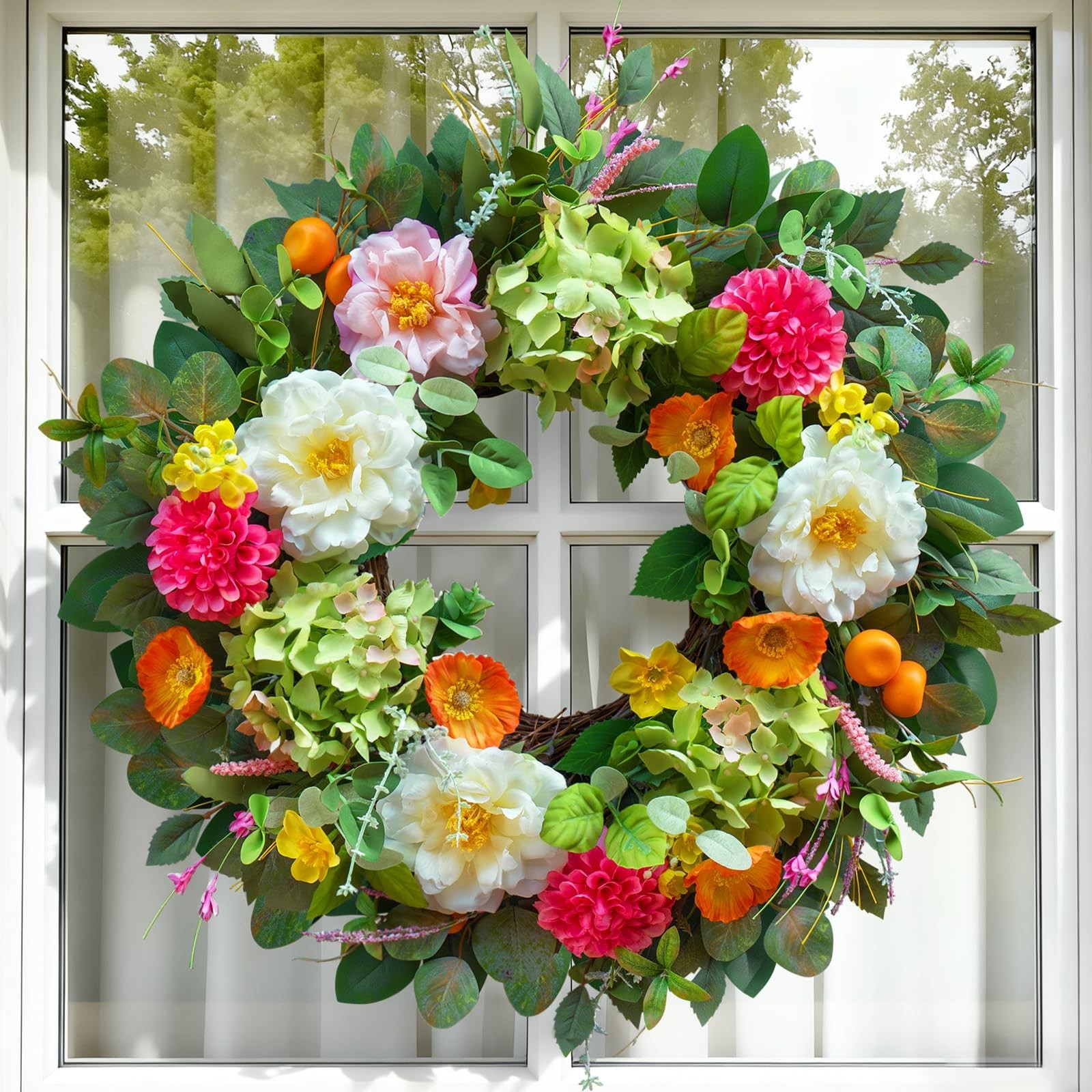 Vibrant 24″ Spring Wreath for Front Door – Peony, Hydrangea & Eucalyptus Decor