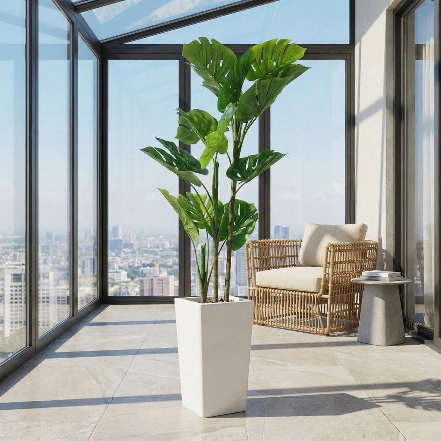 4.5FT Tall Faux Swiss Cheese Plant in White Pot for Porch or Office Decoration