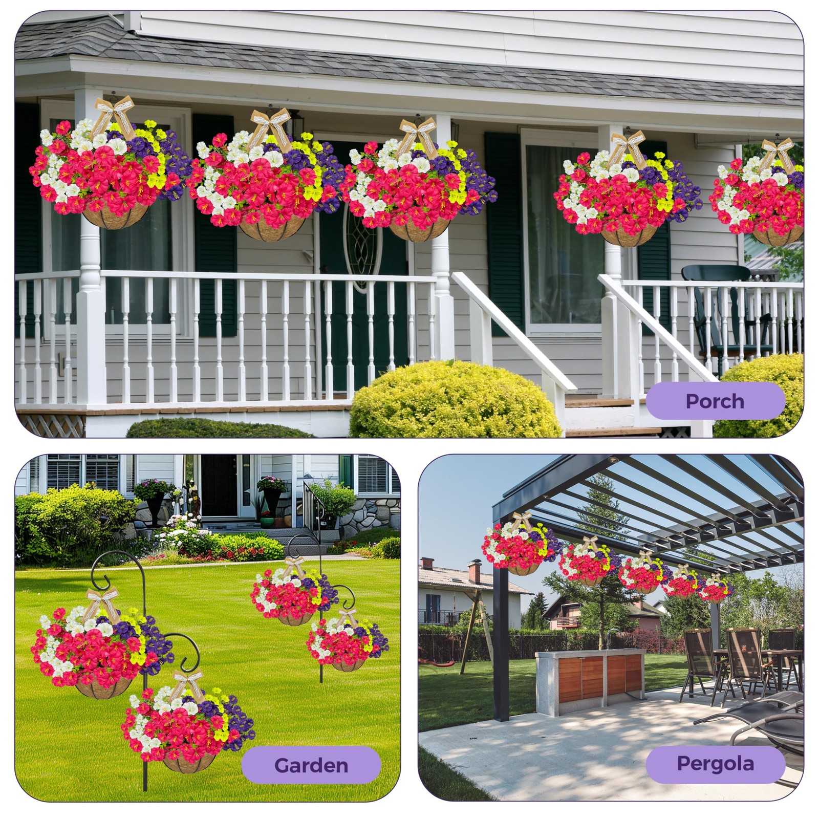 2-Pack Artificial Hanging Flower Baskets with Morning Glory & Linen Bows, Fak…