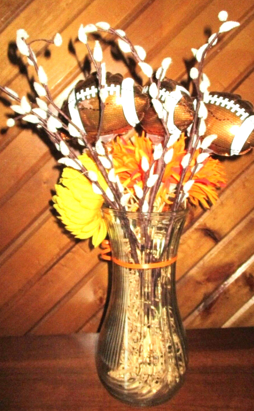 18″ FOOTBALL Autumn Faux PUSSY WILLOWS Orange Yellow FLORAL Hoosier Glass VASE