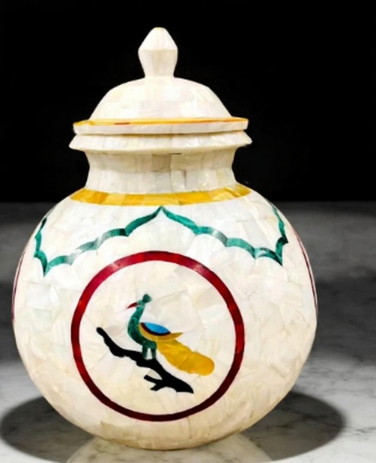 15” white Marble Flower pot Vase matka with lid inlay mop malachite home decor