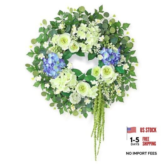 26″ Hydrangea & Eucalyptus Wreath for Front Door, Porch, Window – Large