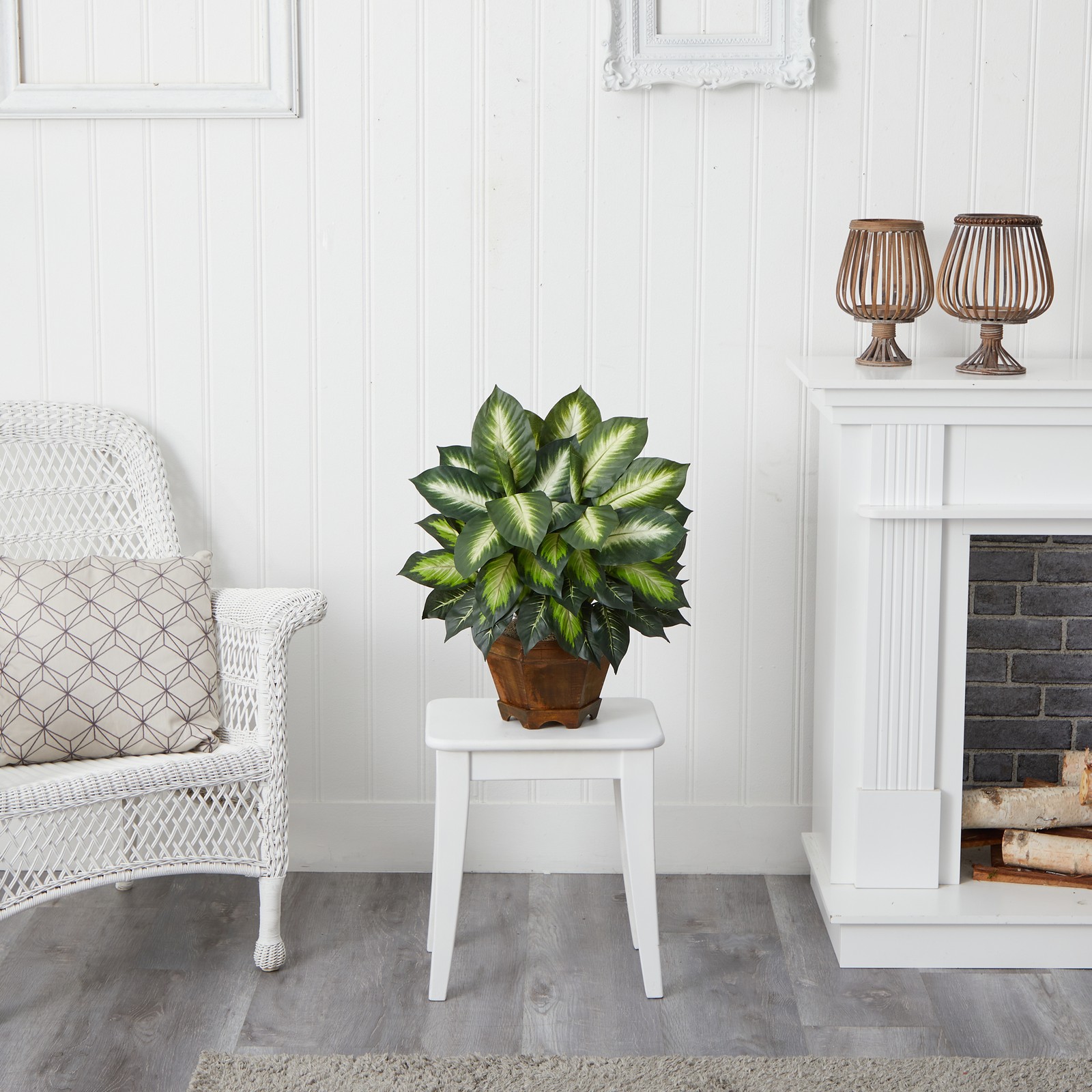 Nearly Natural Triple Golden Dieffenbachia with Wood Vase in Green/Black