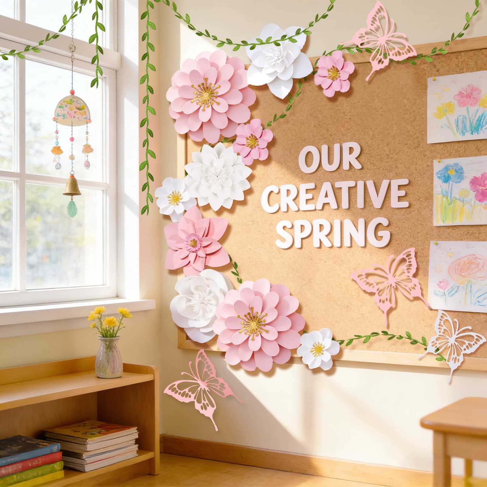 Flower Decoration for Wall 3D Butterfly Flower Bulletin Board Decor Pink Whit…