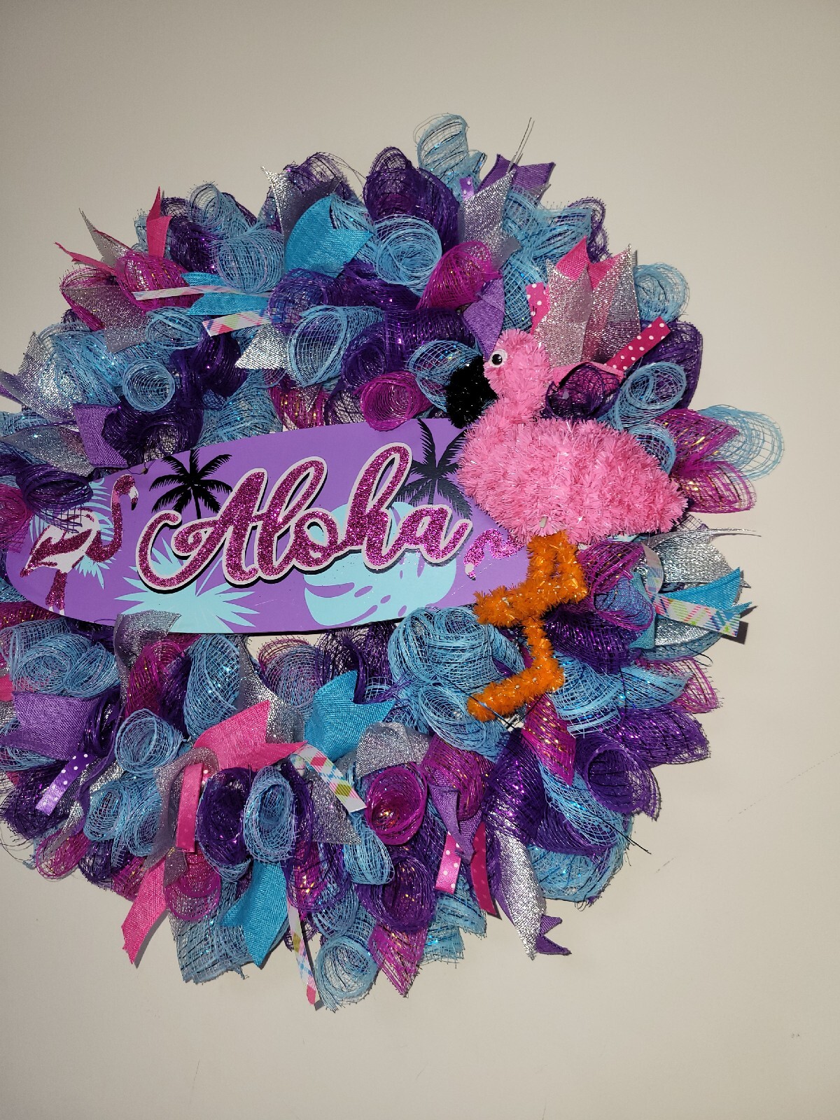 ALOHA Summer Spring Mesh Front Door Wreath Wall Decor BRIGHT Purple Pink Blue