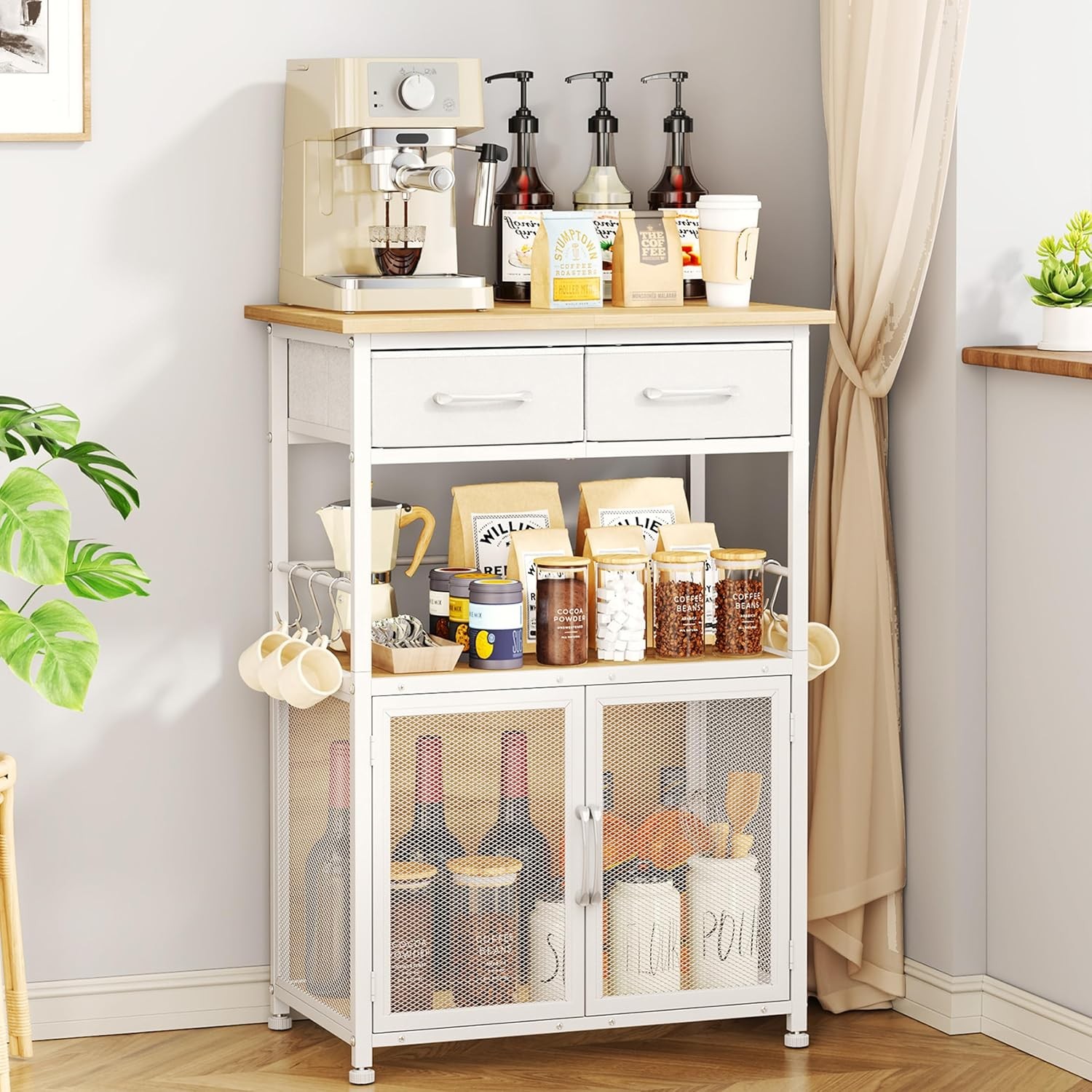 Coffee Bar Cabinet with Drawer 20.47in Stand Removable Hooks