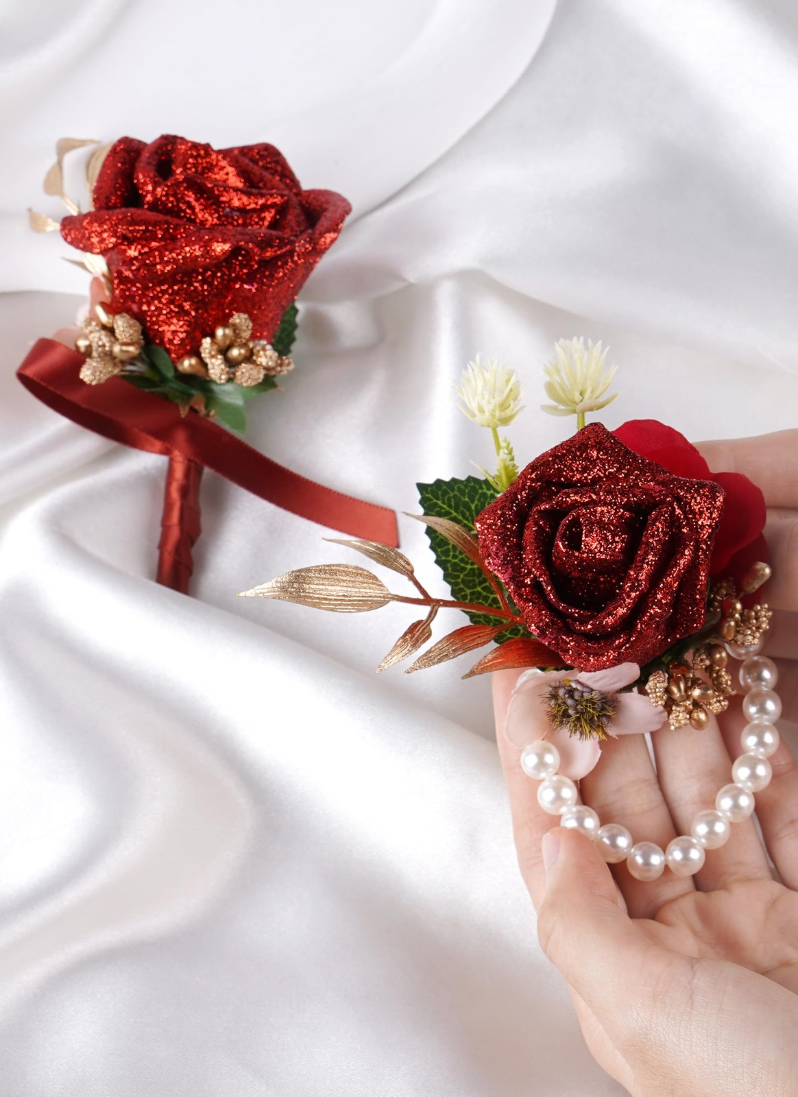 2 PCS Red Rose Boutonniere Corsage Set Artificial Flower Wristlet Wedding