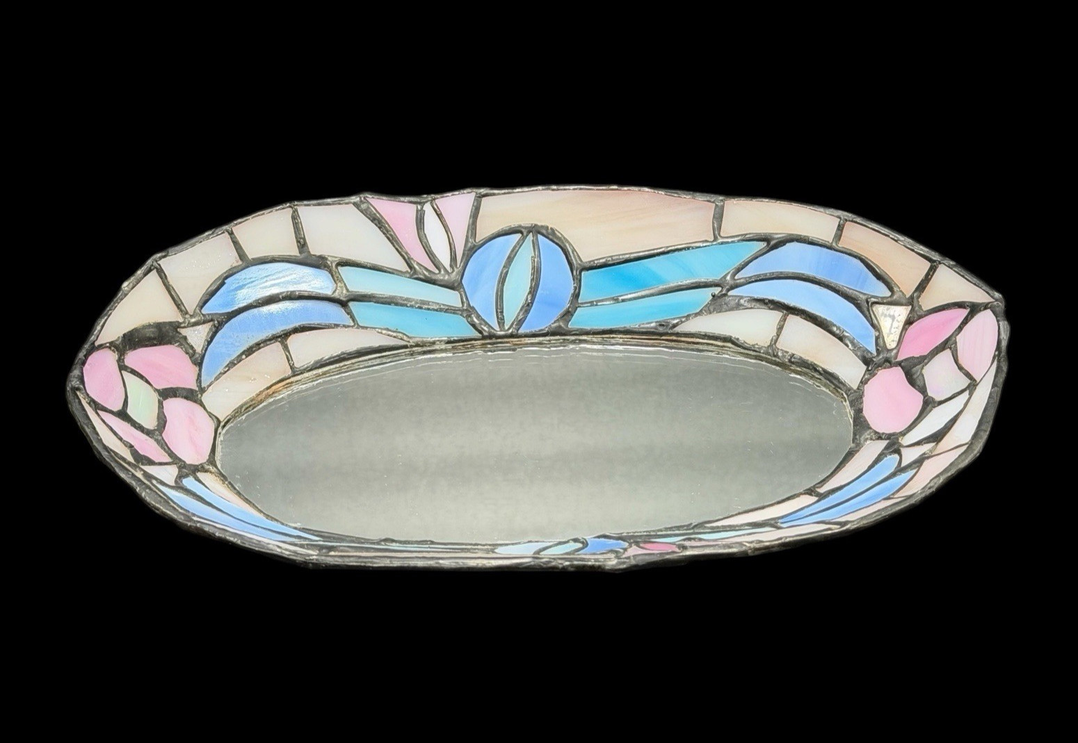 Pastel Stained Glass Style Vanity Mirror Tray Jewelry Dish Art Deco Decor