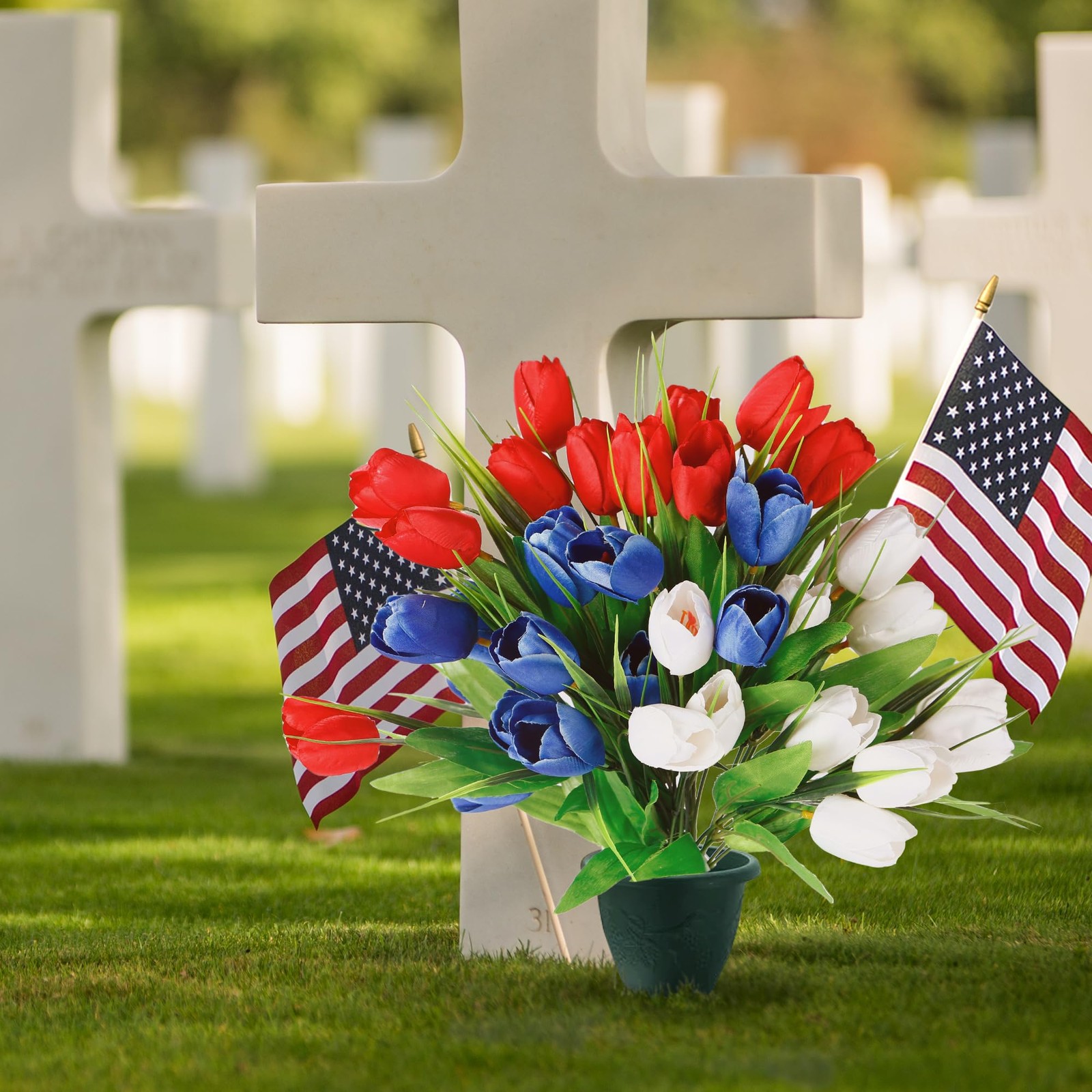 36 Pcs Patriotic Artificial Flowers Memorial Tulips Bouquet Fake Red White an…
