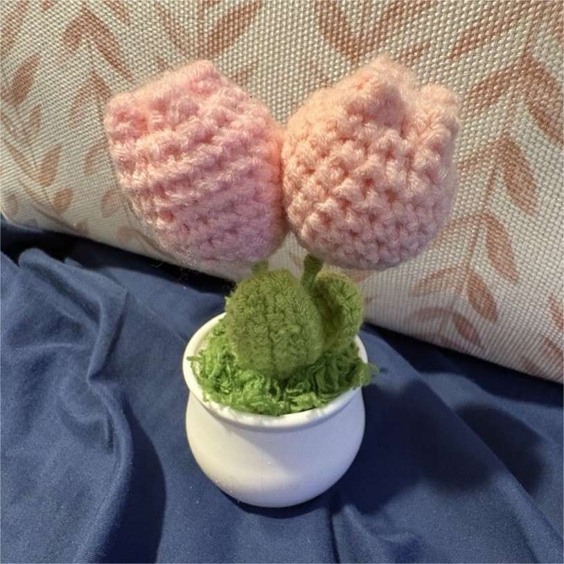 Crochet Yarn Artificial Pink Tulip Arrangement Centerpiece in White Pot