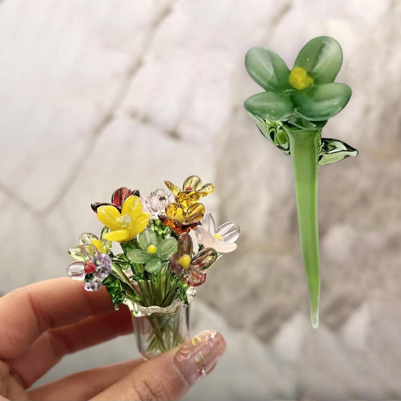 Miniature Hand-Blown Glass Flower Bouquet in Tiny Clear Vase