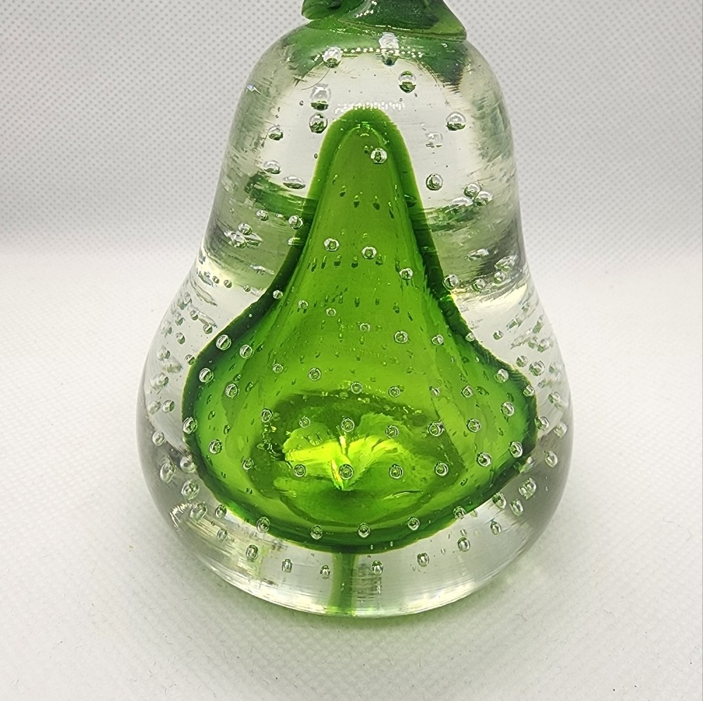 Glass Paperweight Pear Shape Green & Clear Glass with Air Bubbles