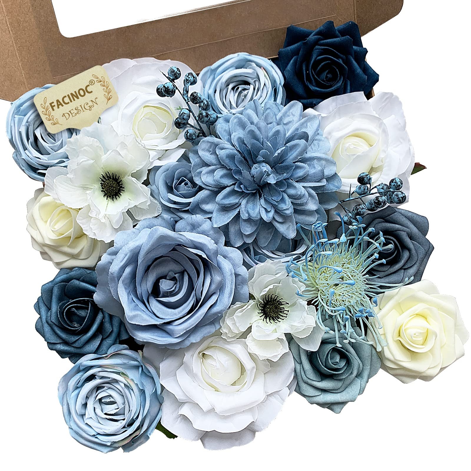 Roses Artificial Flowers Blue Bouquet Box Set Fake Flower for DIY Bridal Wedd…