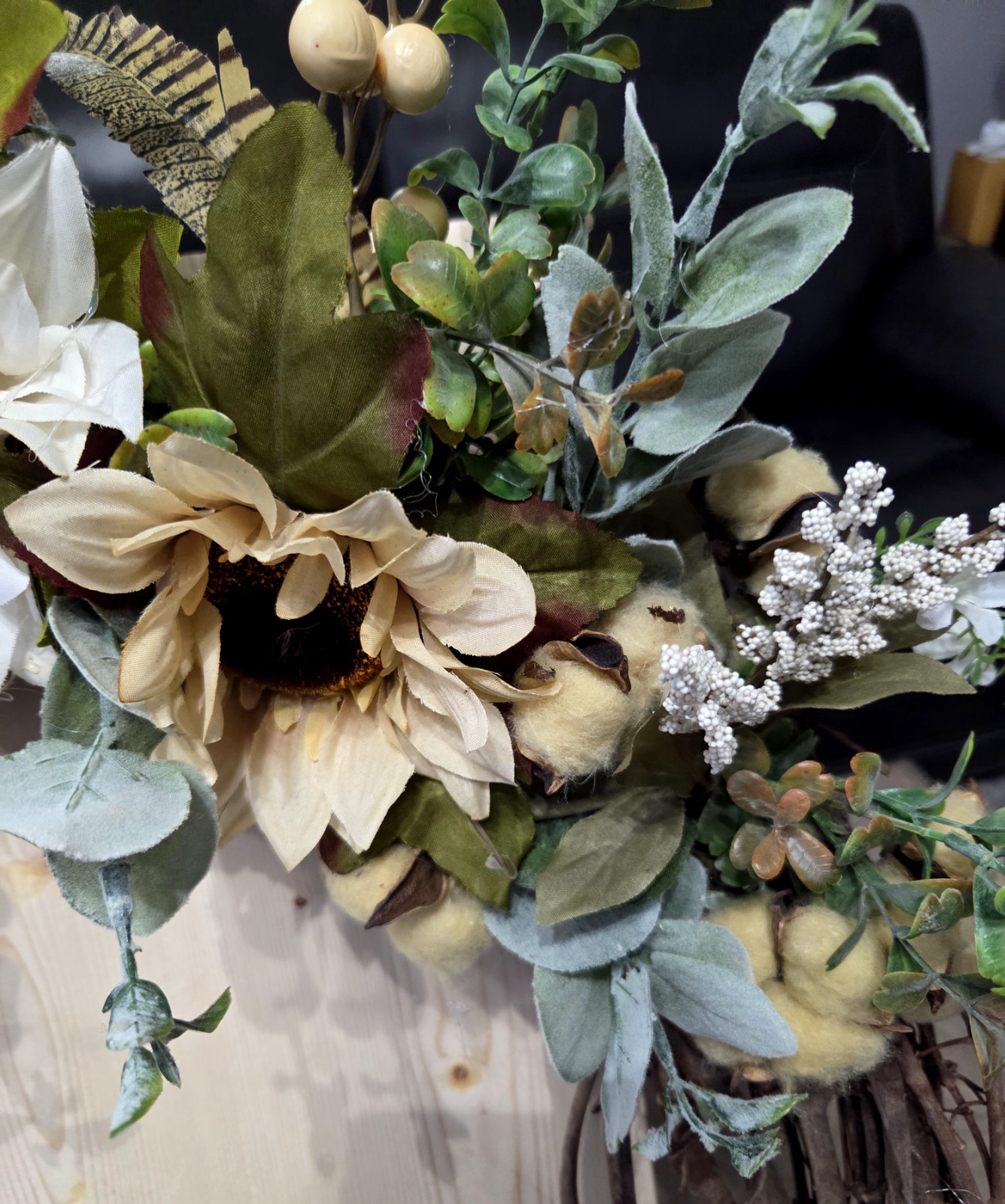 Organic Mixed Silk Flowers Wreath with Tea-Stained Cotton Bolls