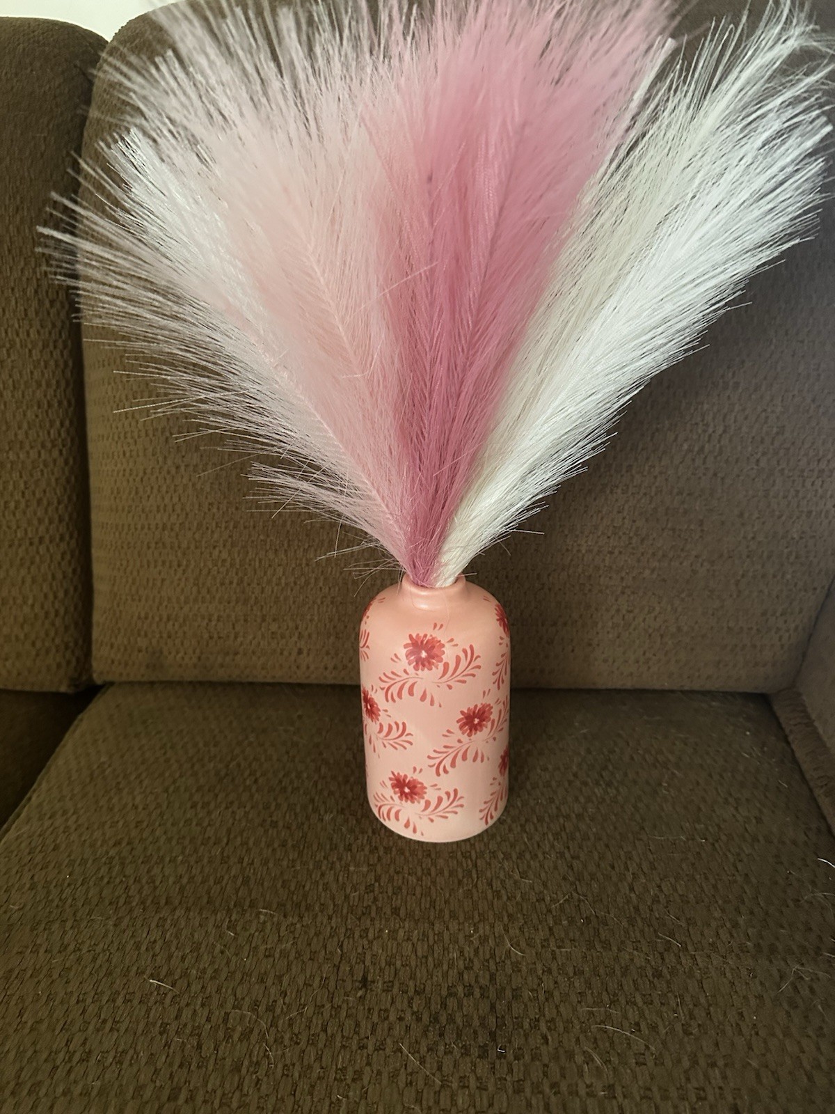 Pink & White Feather Floral Theme with a ceramic red flowered vase