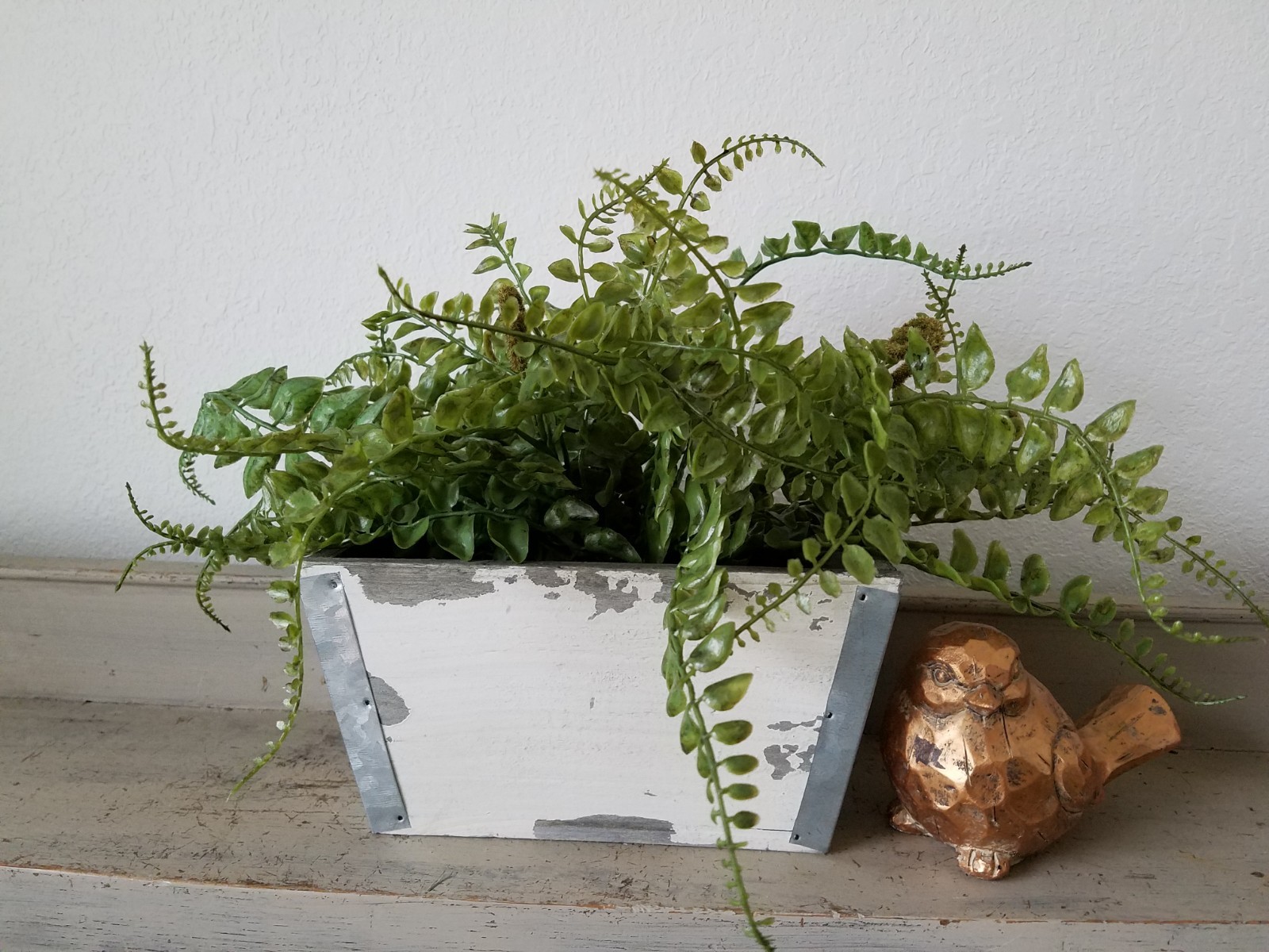 White Wood planter box, faux fern, home decor, Distressed Wood Planter