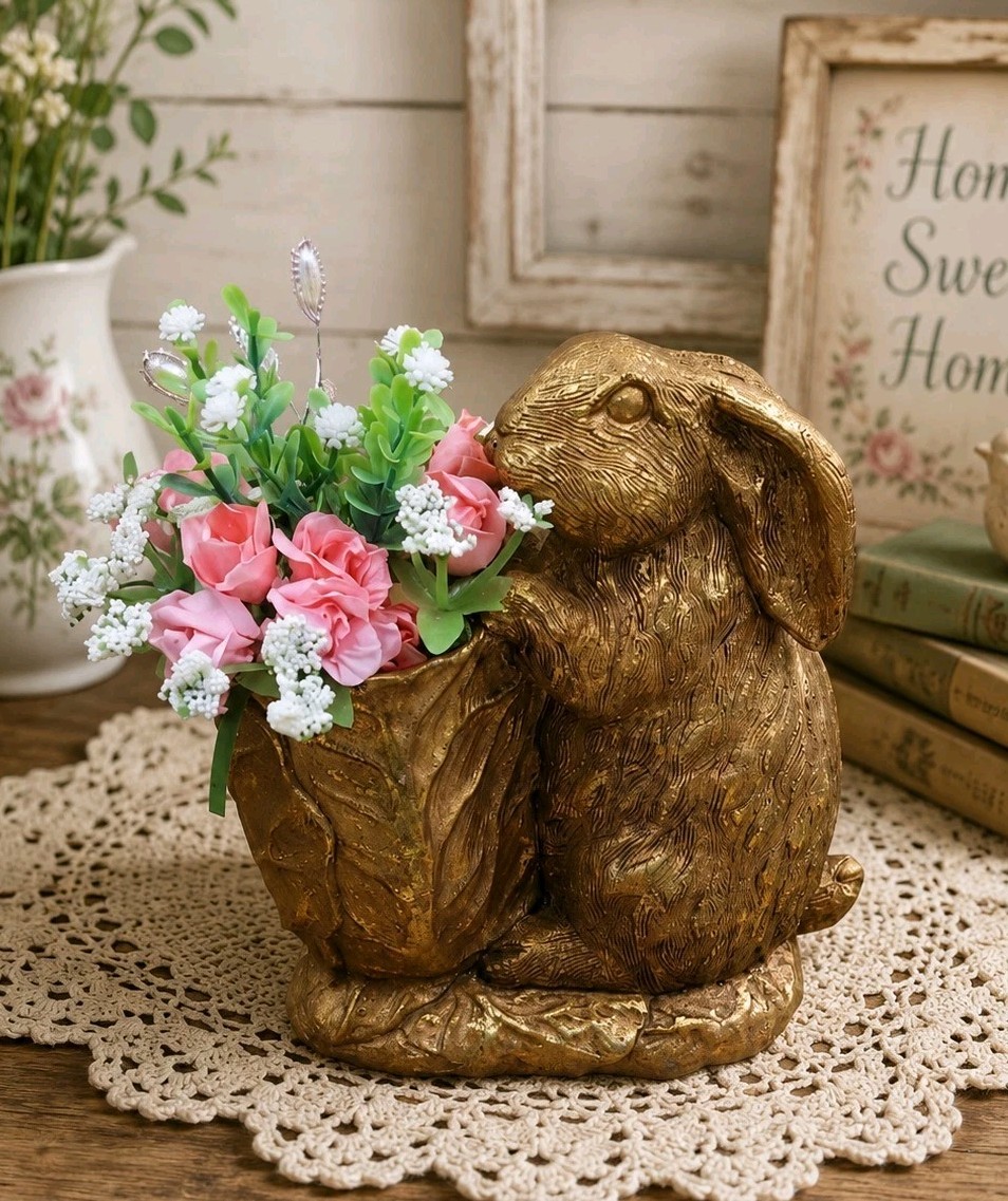 BUNNY & CABBAGE PLANTER Table Decor Gold Rabbit w Pink Mini Roses / Flowers