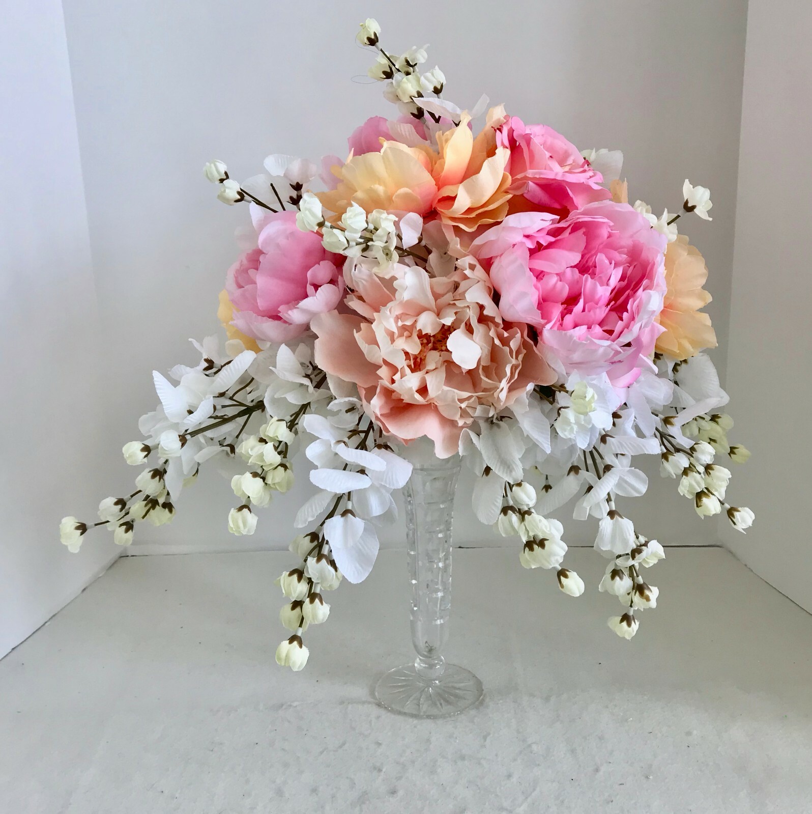 Floral Arrangement Centerpiece Multi-Colored Silk Flowers Cut Glass Vase