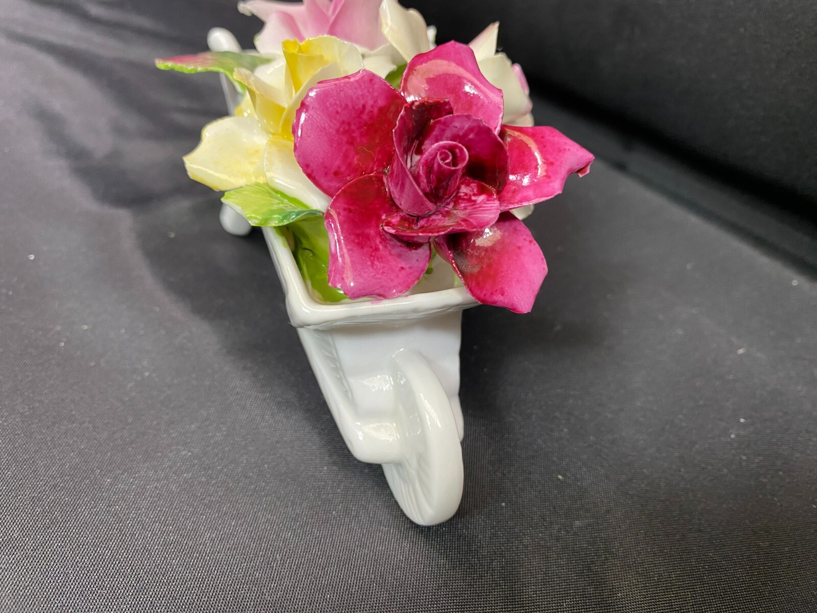 Staffordshire “WHEELBARROW BOUQUET ROSES” England Bone China 3″ x 5 1/2″ Wide