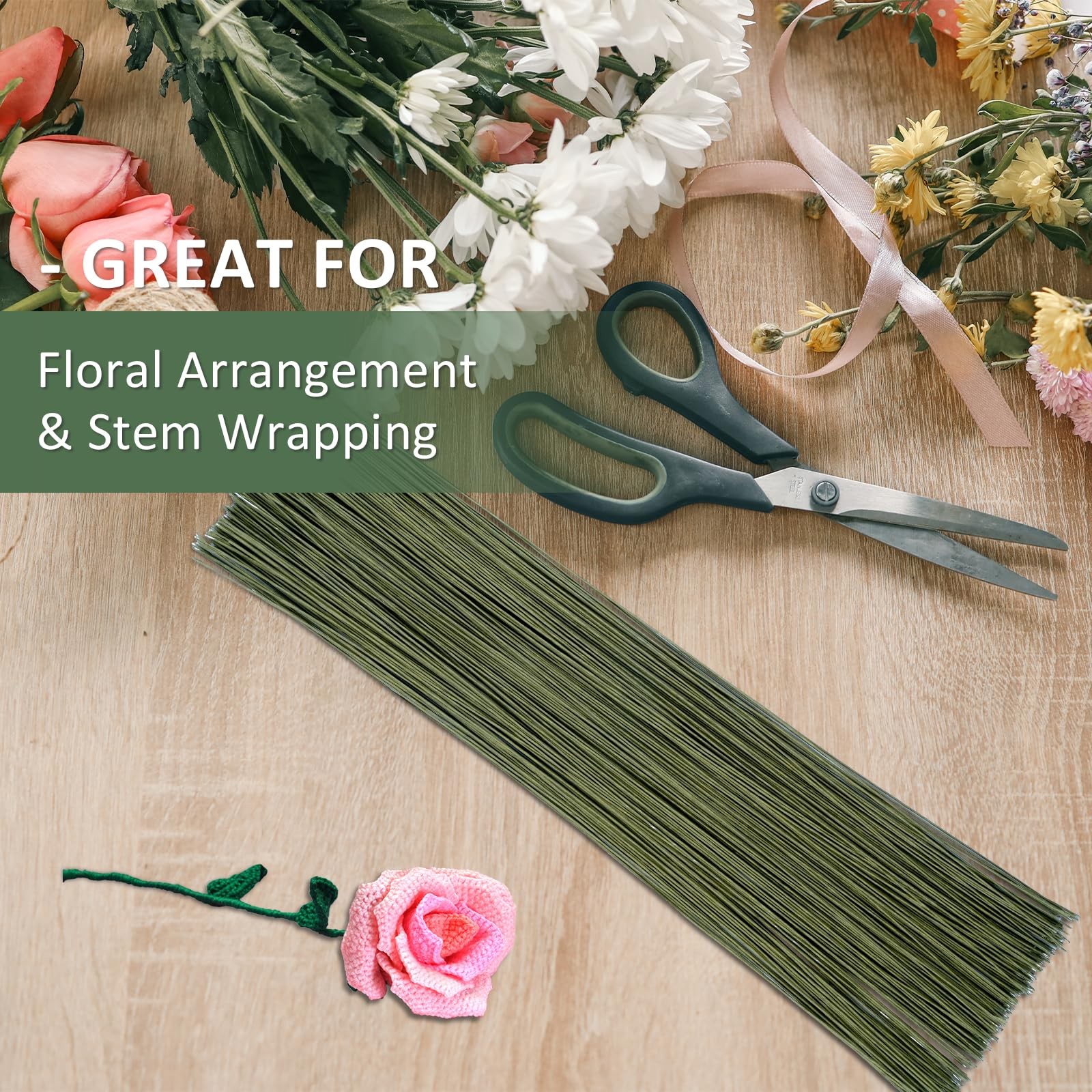 300 PCS Floral Wire Stems, 22 Gauge 14 Inch Flexible Green Craft Floral Stems…