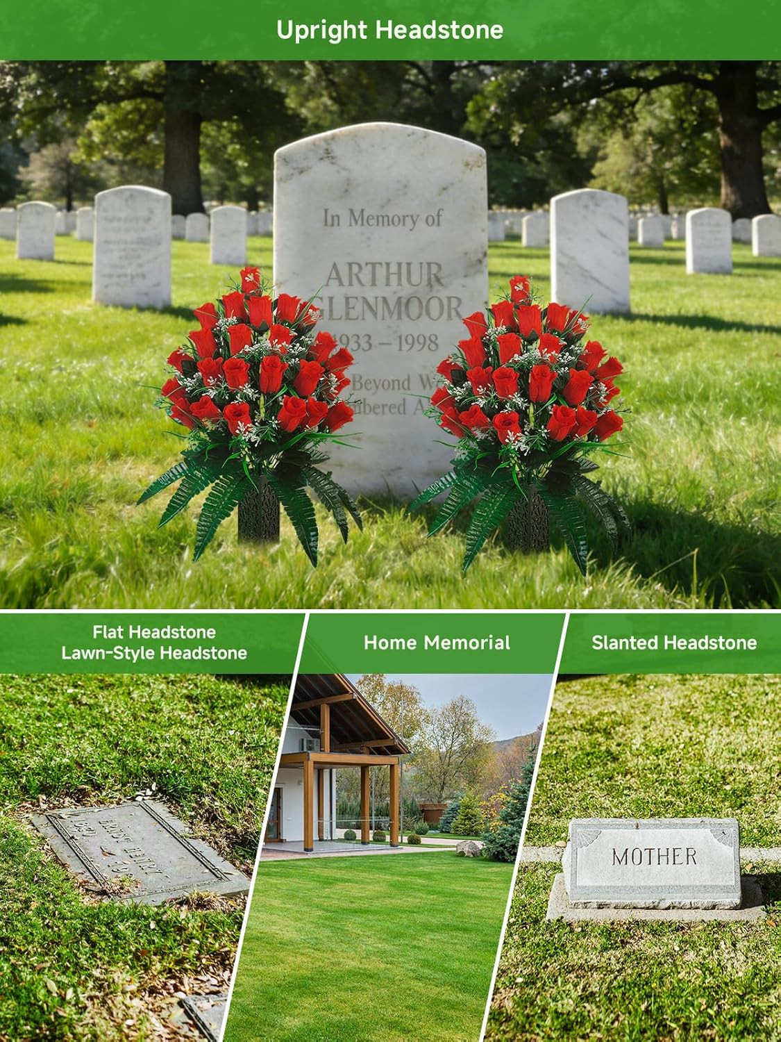 Set of 2 Cemetery Flowers for Grave with Spiked Vases, 24-Stem Red Artificial Ro