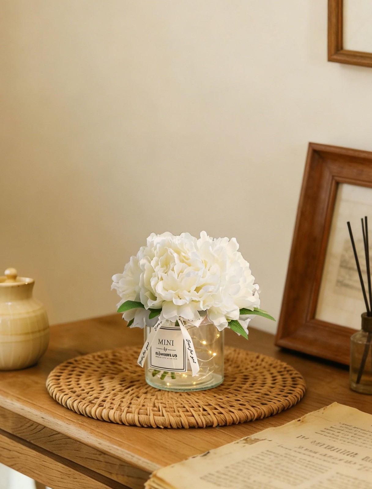 Fake Flowers in Vase for Table: White Artificial Hydrangea with Glass Vase LE…