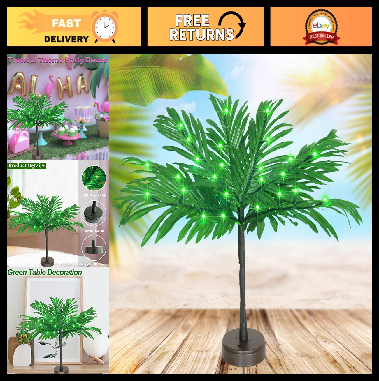 23″ Lighted Palm Tree Table Decor – LED Tropical Centerpiece for Luau, Tiki Bar,
