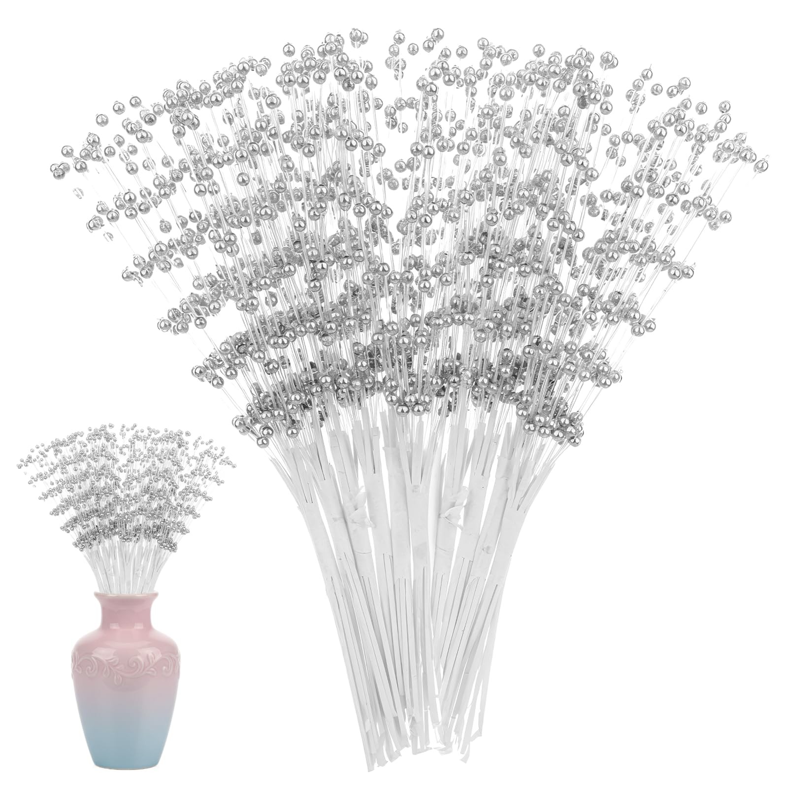 Silver Floral Picks, 50pcs 4mm Pearl Stick Stems Bouquets Silver Bead String …