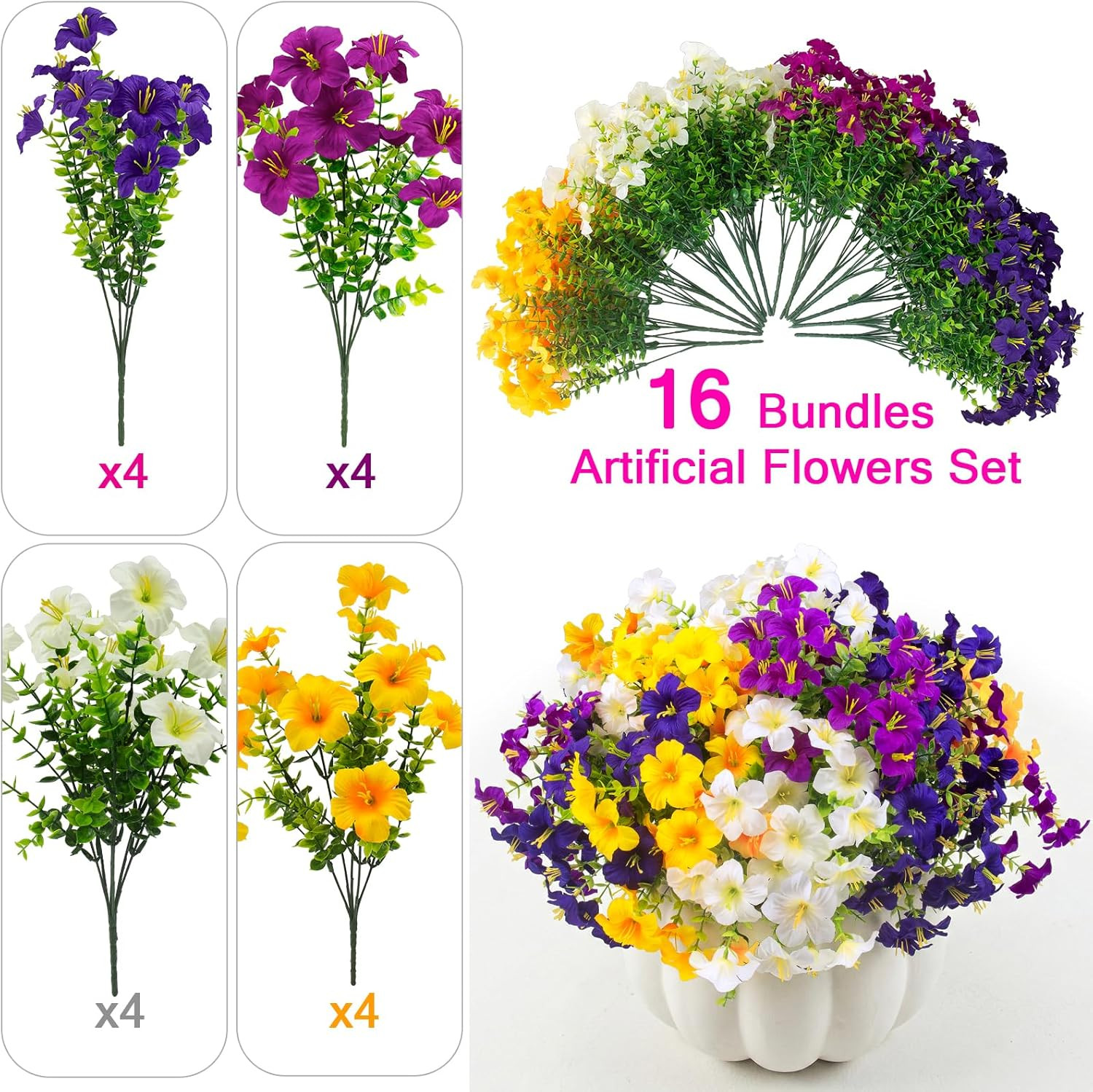 16 Pcs Faux Petunias Artificial Flowers for Outdoors, UV Resistant Fake Petunias