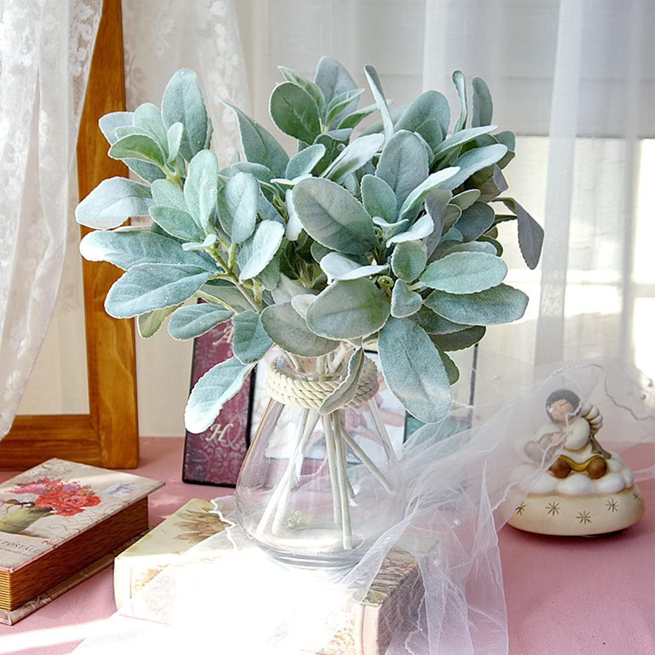 Artificial Flocked Lambs Ear Leaves Dusty Miller Stems Flocked Oak Leaves Lamb’S