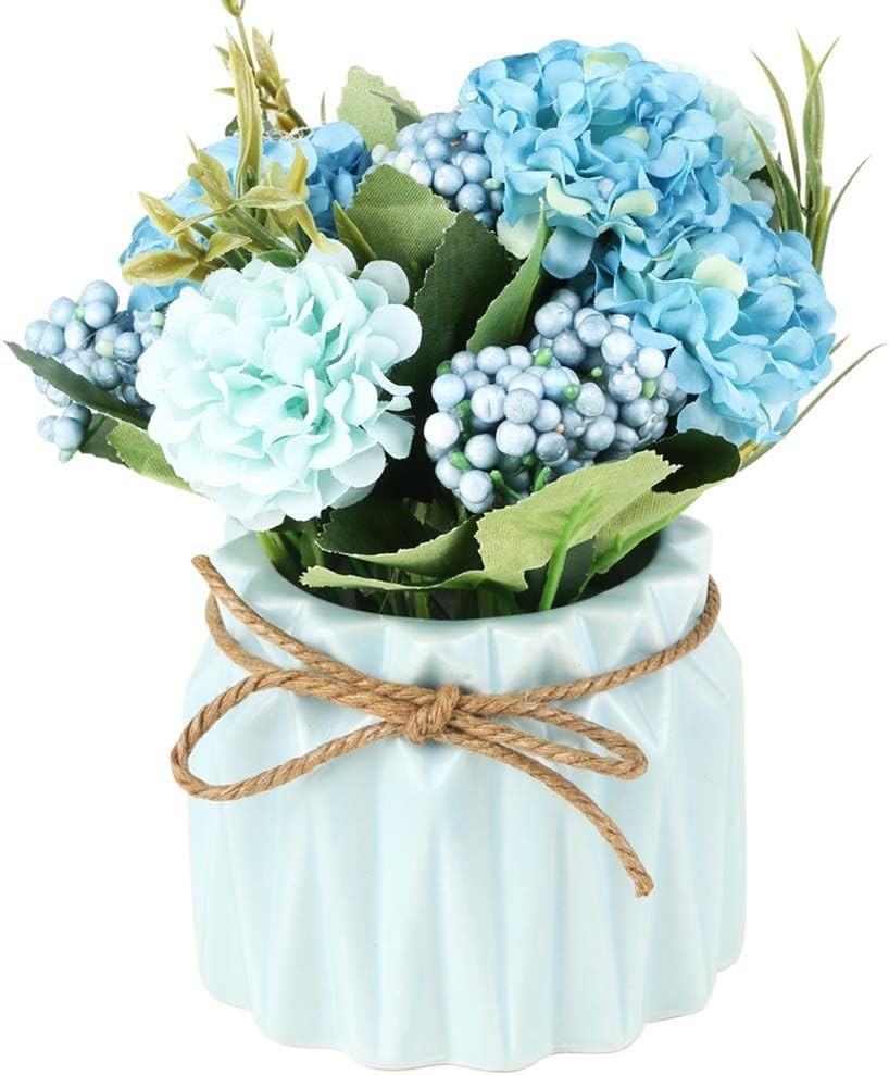 Artificial Hydrangea Bouquet with Small Ceramic Vase Fake Silk Variety Flower…