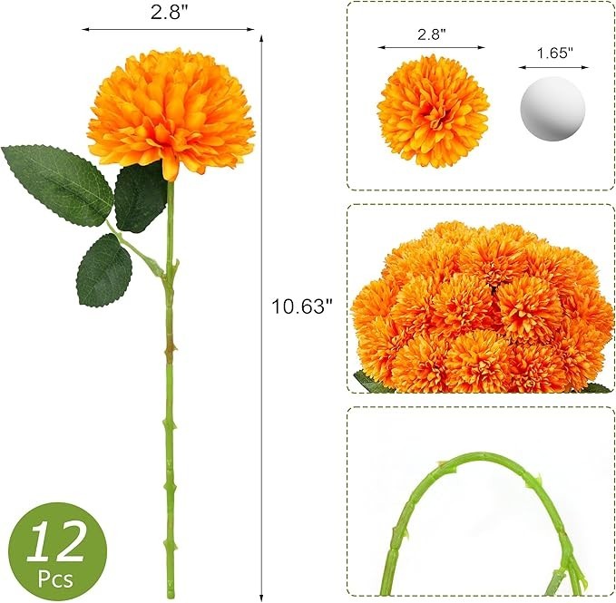 12 Pcs Orange Artificial Chrysanthemums Flowers Ball Flower Fake Mums Silk fo…