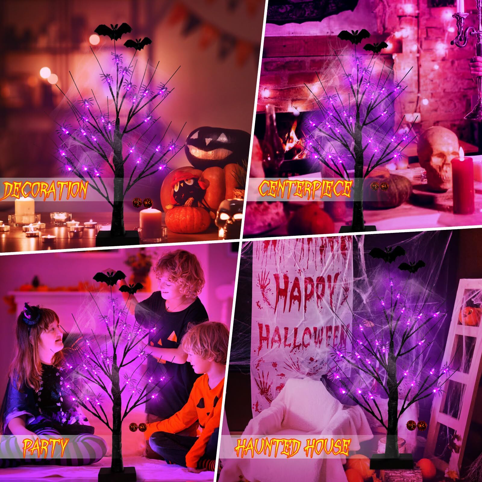 2FT Black Halloween Tree, Spooky Tree with 24 Spider & 24 Purple Lights