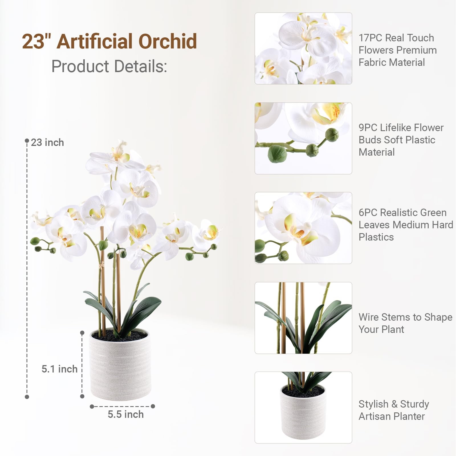 Fake Orchid Plant 23 Inch Tall Realistic Touch Leaves Potted Phalaenopsis White