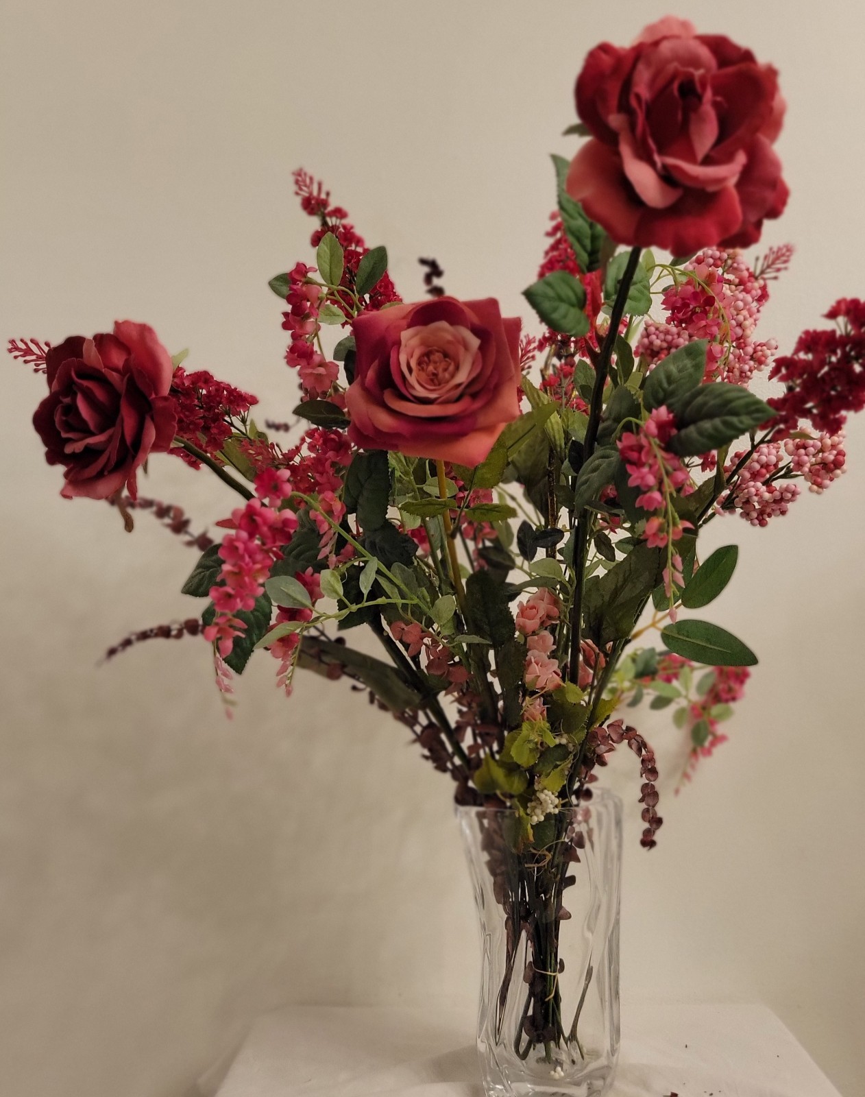 Vintage Plastic & Silk Faux Flowers Lot Of 21 Variety Roses 27″ Shades Fushsia