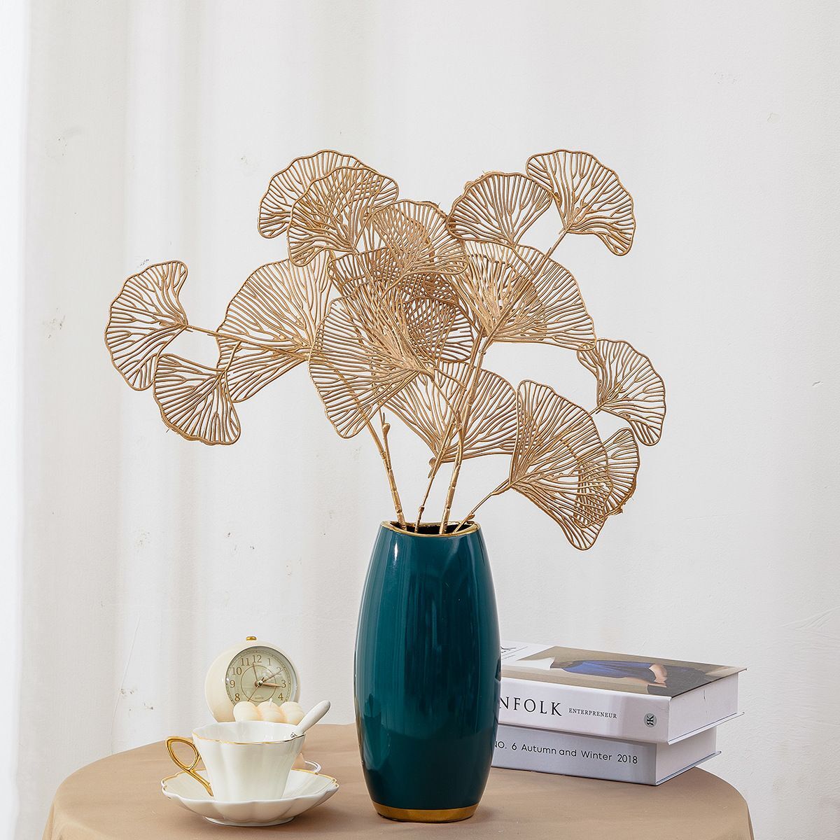 Golden Artificial Maple Eucalyptus Plant Leaves Branch Home Hotel Display Decor
