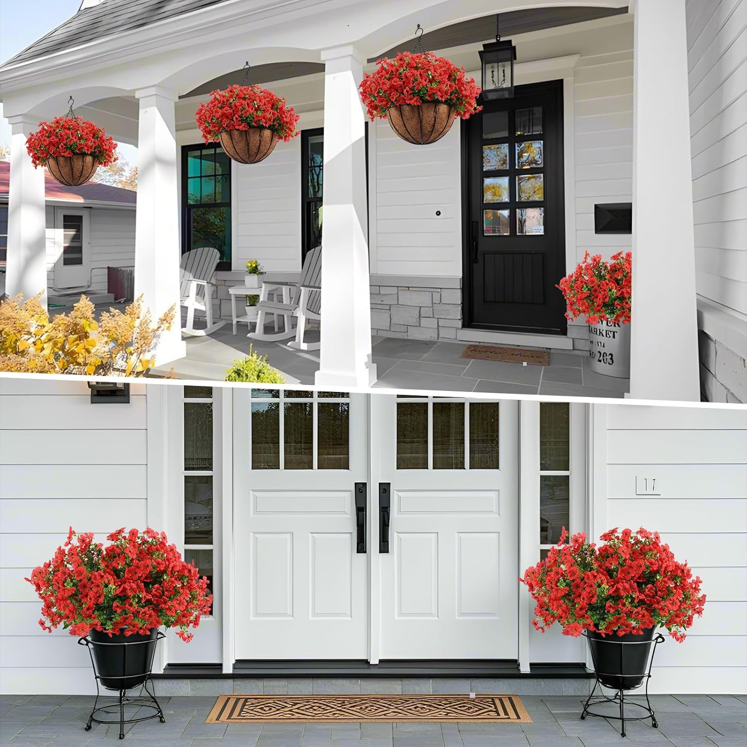 24 Pcs Red Artificial Flowers in Hanging Baskets for Outdoor Decor – 2 Pack
