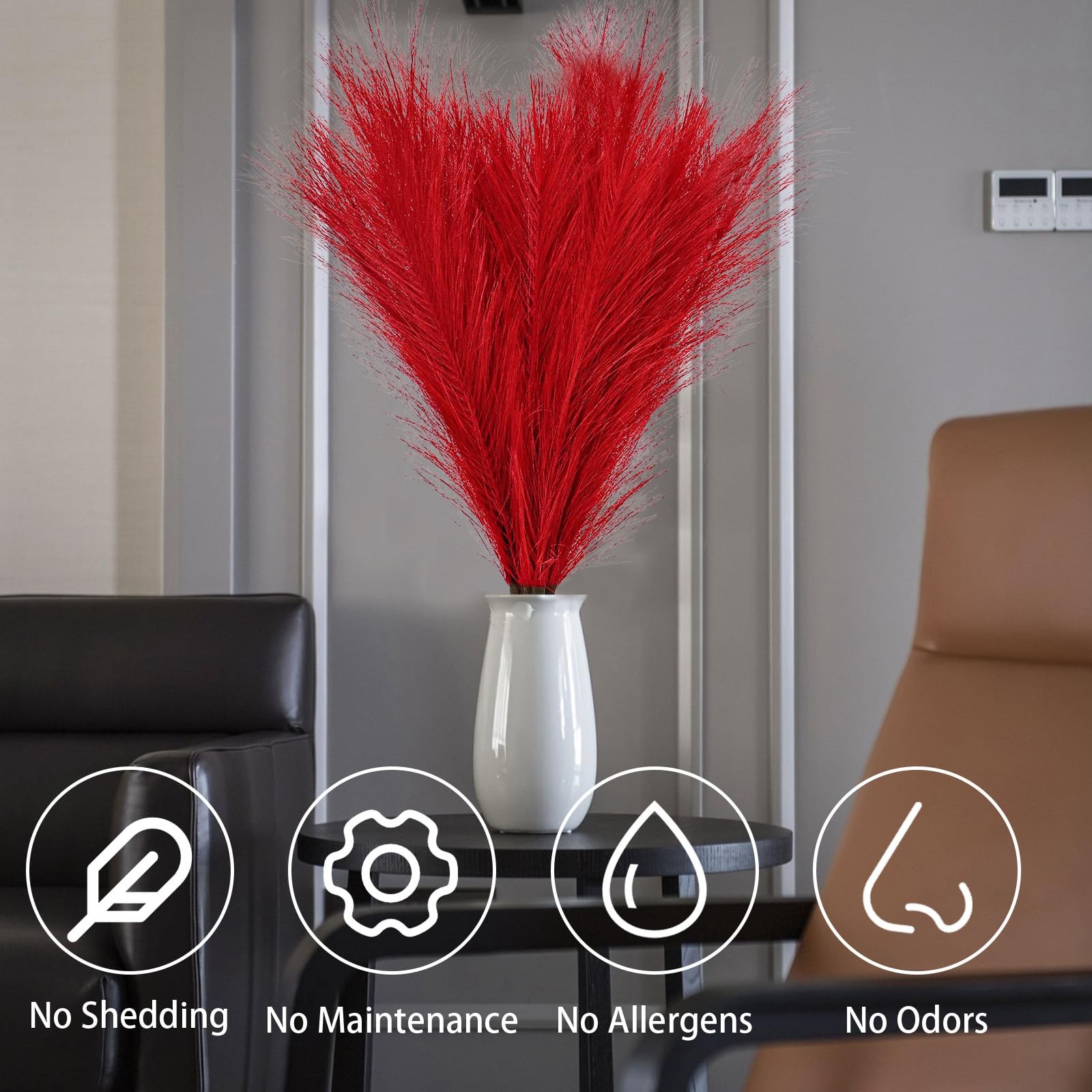 Pampas Grass Tall Fluffy Detachable Faux Bulrush Reed Dark Red Decor 5 PCS