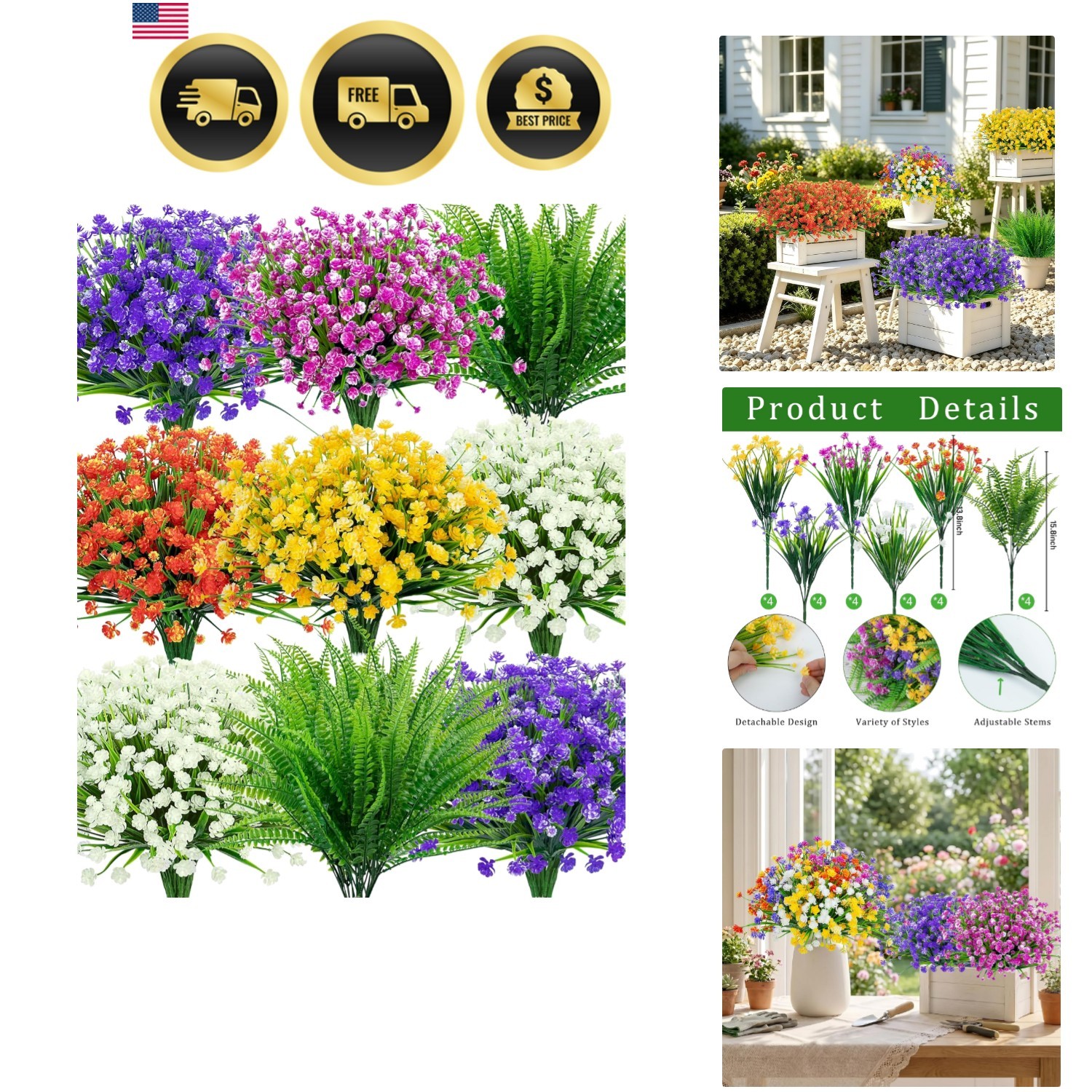 24 Bundles Artificial Flowers for Outdoors UV Resistant Fake Plastic Plants F…