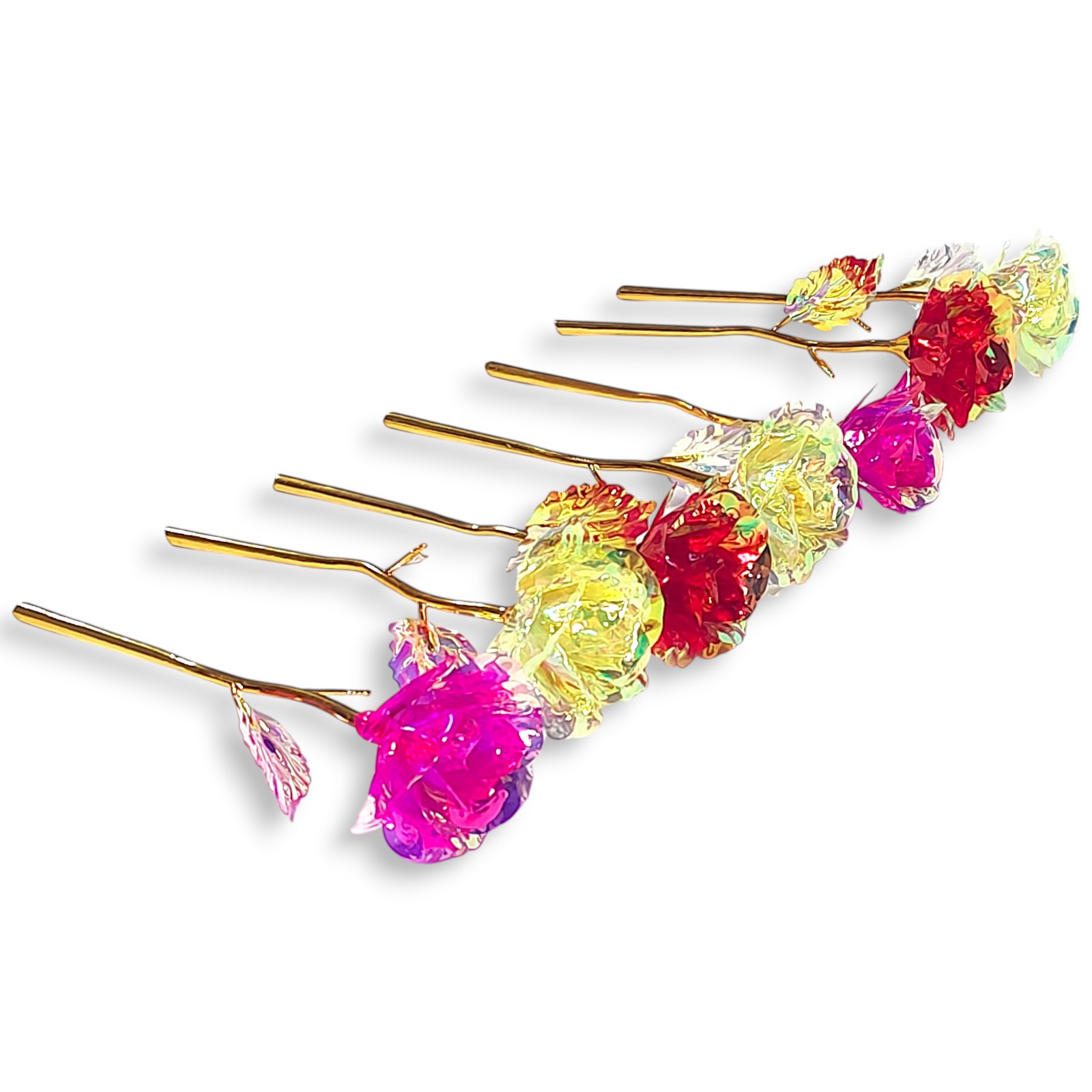 7pc Gold Stem Foil Enchanted Multicolor Flower Galaxy Rose Yellow Red Pink
