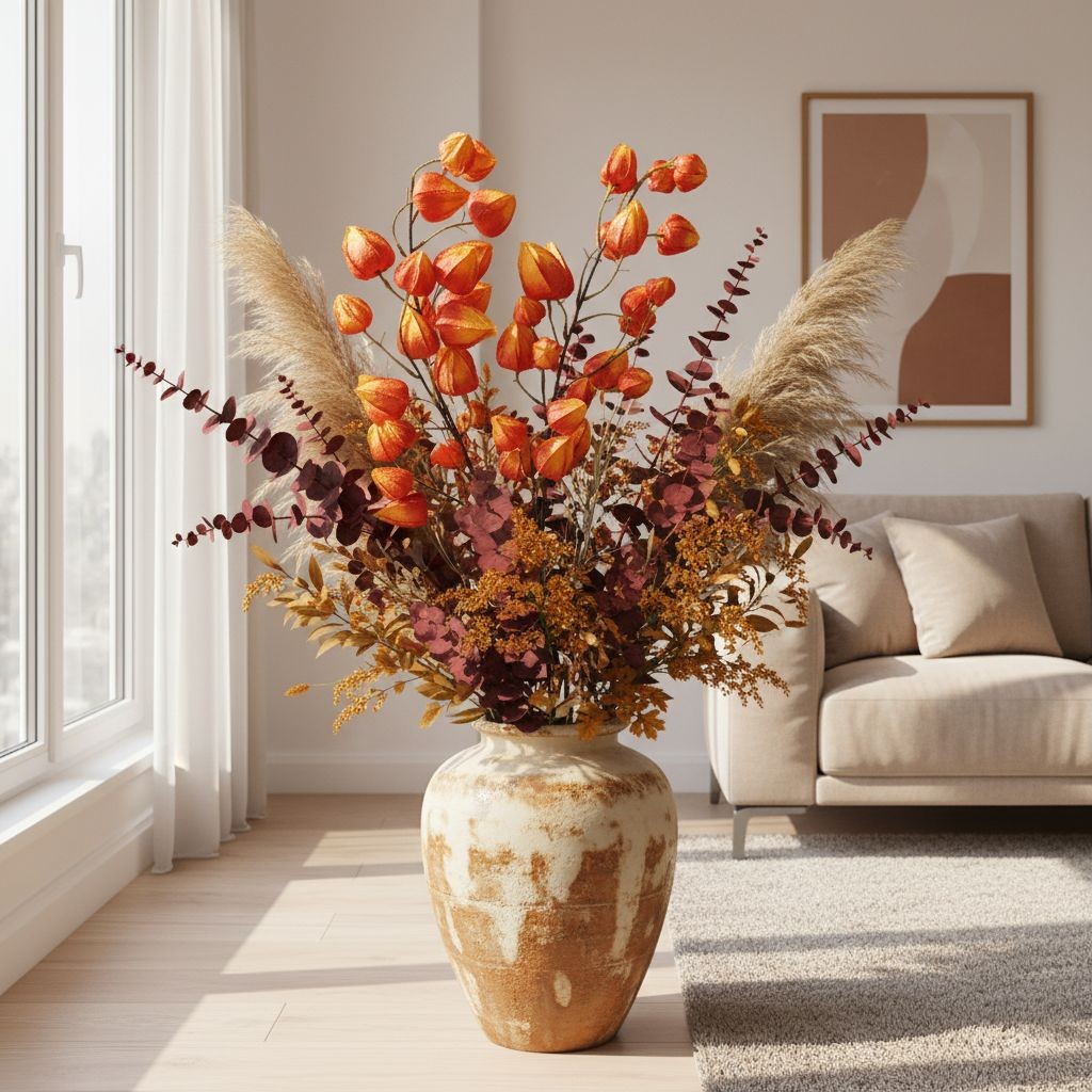 Artificial Orange Chinese Lantern Flower Stems Set of 2 Tall Faux Autumn Branche