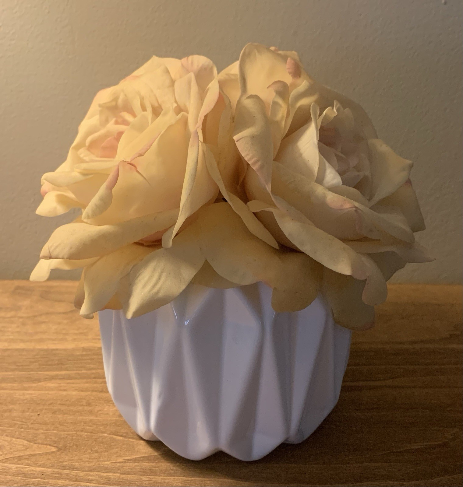 Faux Blush Pink Roses Floral Arrangement Bouquet in White Ceramic Flower Pot