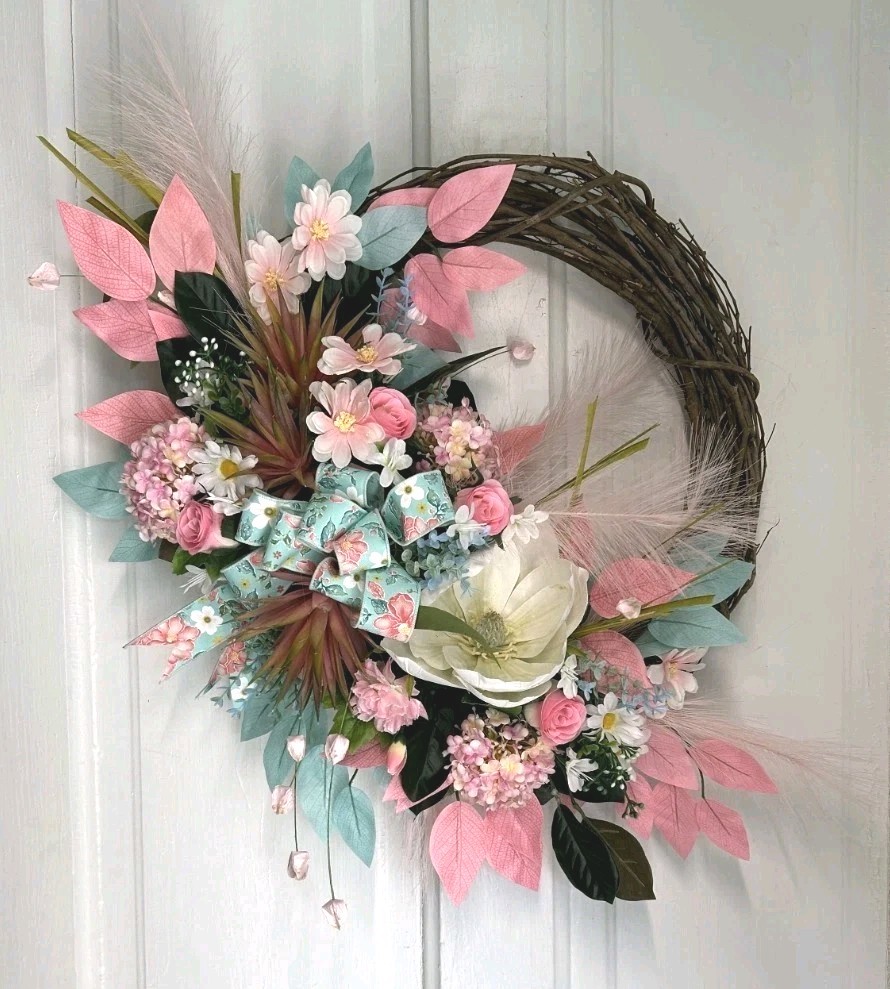 Summer Magnolia Wreath for Front Door, Pink Floral Grapevine Wreath, Cottage