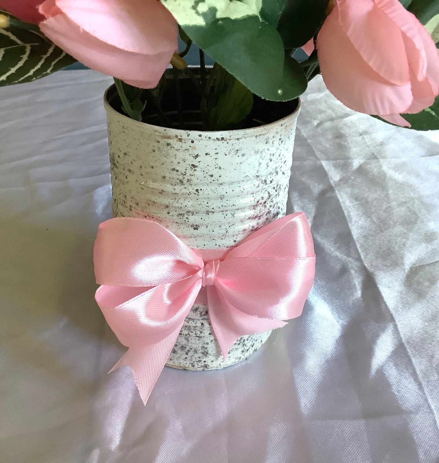 Spring/easter pink tulip centerpiece with glitter and painted upcycled tin can
